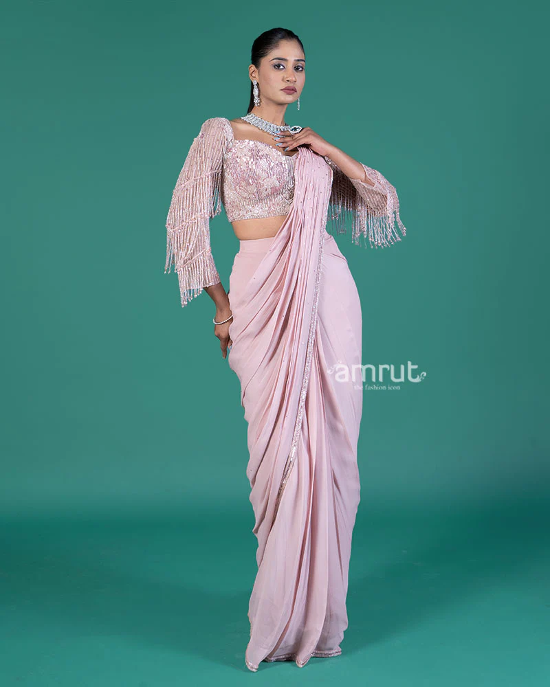 Pastel Pink Ready-to-Wear Saree with Sequined Blouse and Beaded Fringe - Image 5