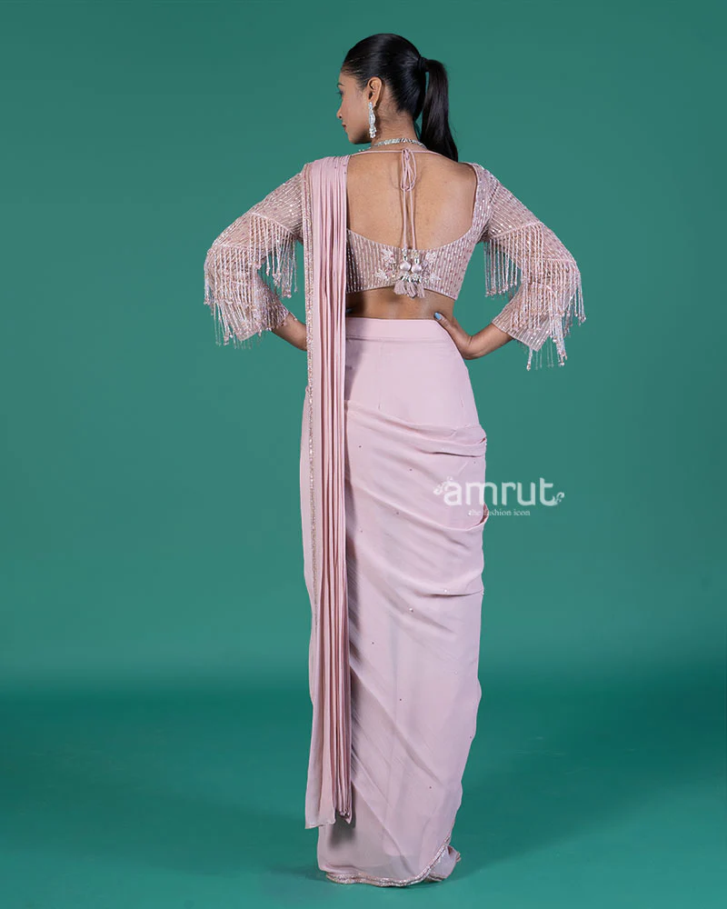 Pastel Pink Ready-to-Wear Saree with Sequined Blouse and Beaded Fringe - Image 6