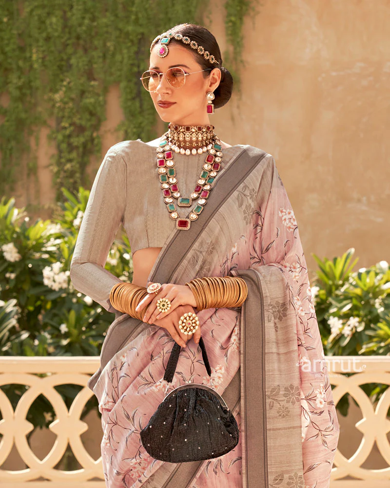 Pastel Pink with Light Brown Border Printed Saree and Unstitched Blouse - Image 2