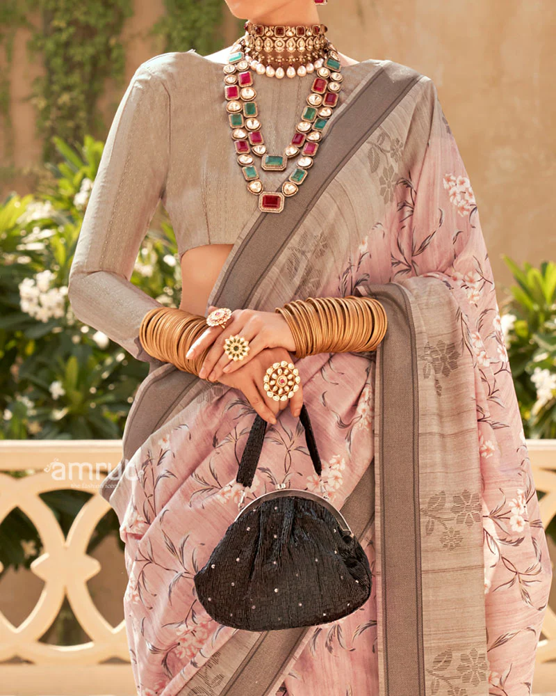 Pastel Pink with Light Brown Border Printed Saree and Unstitched Blouse - Image 3