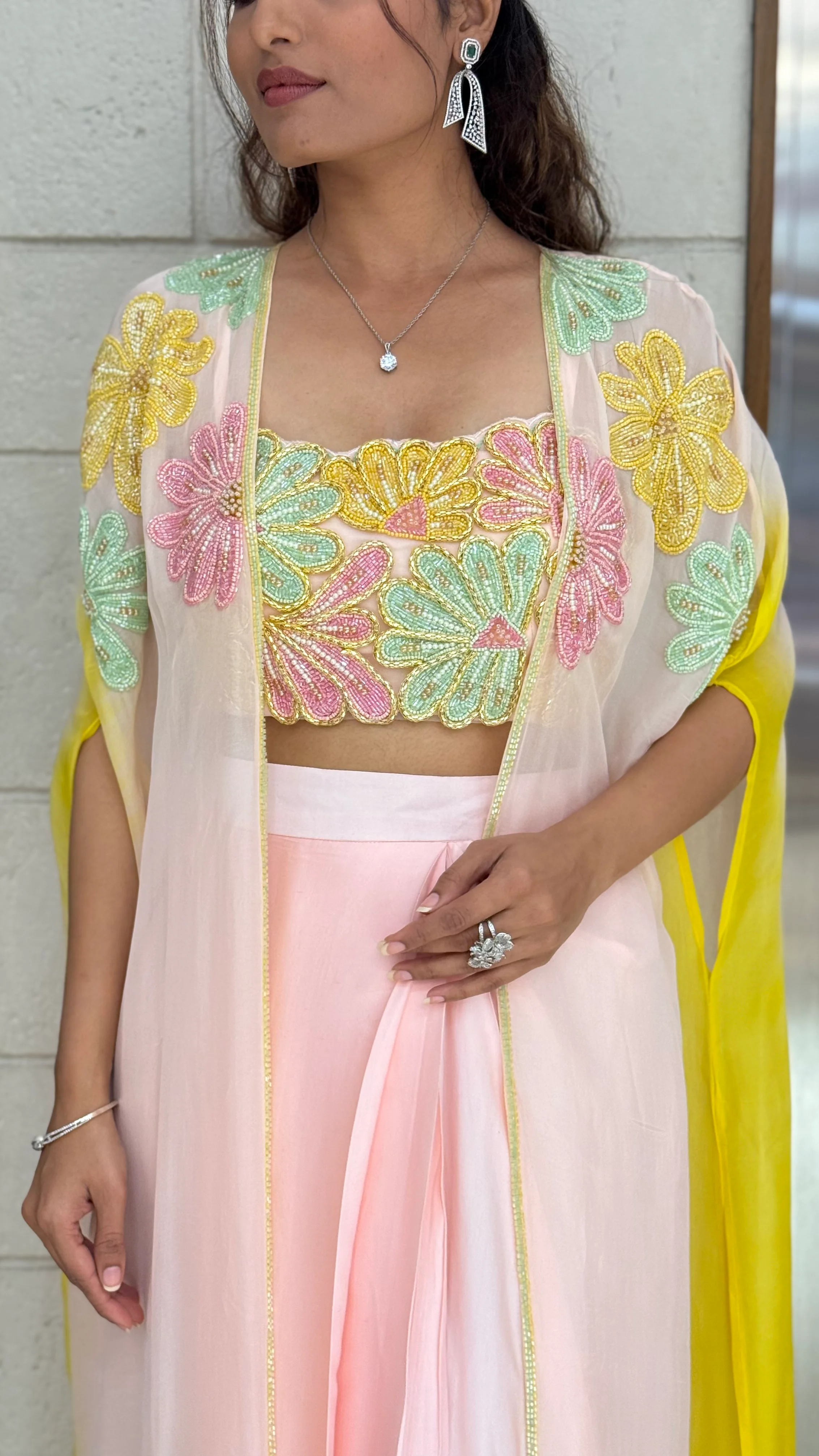Premium Pastel Ombre Draped Indo-Western Set with Embroidered Blouse - Image 2