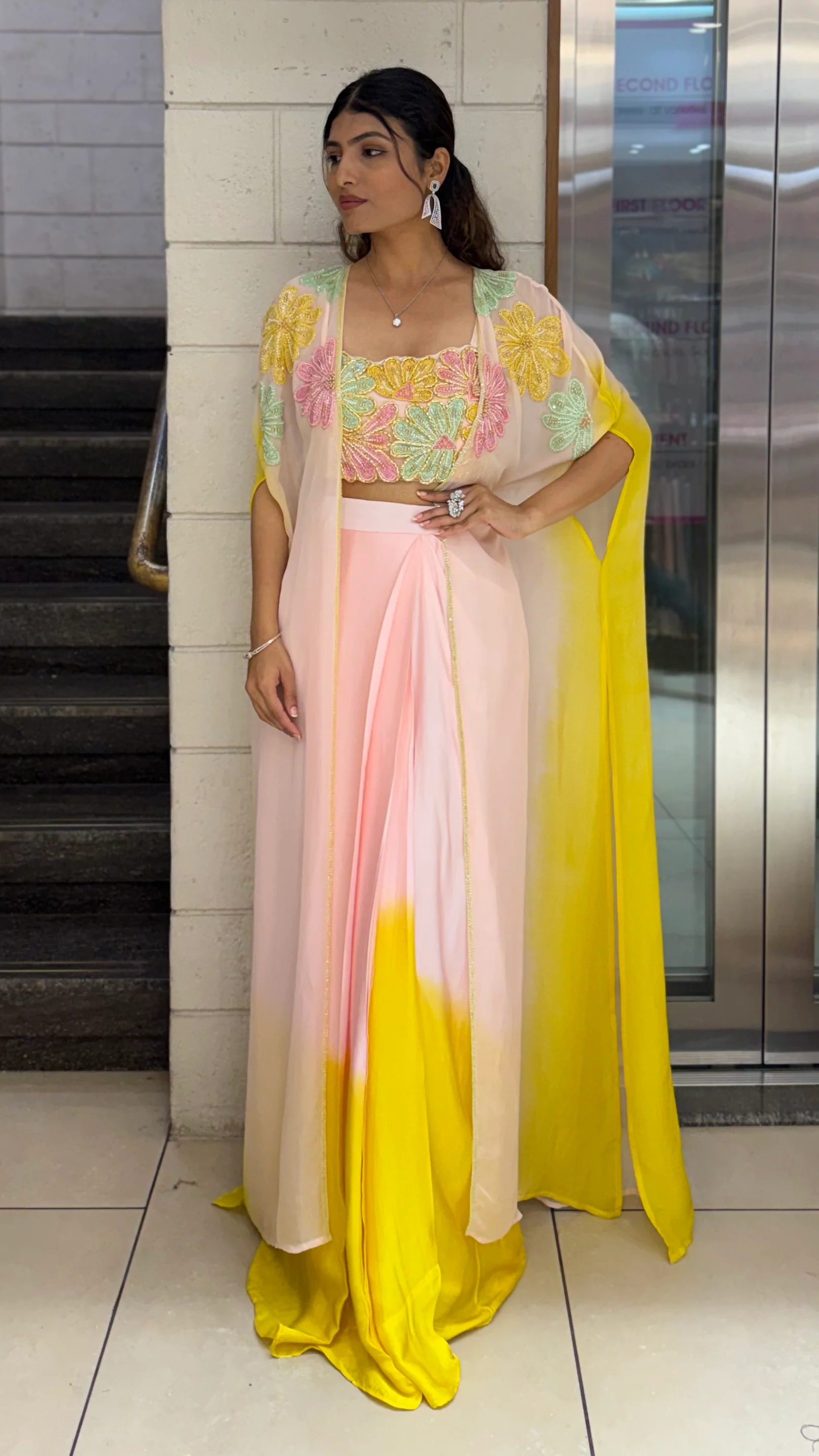 Premium Pastel Ombre Draped Indo-Western Set with Embroidered Blouse - Image 3