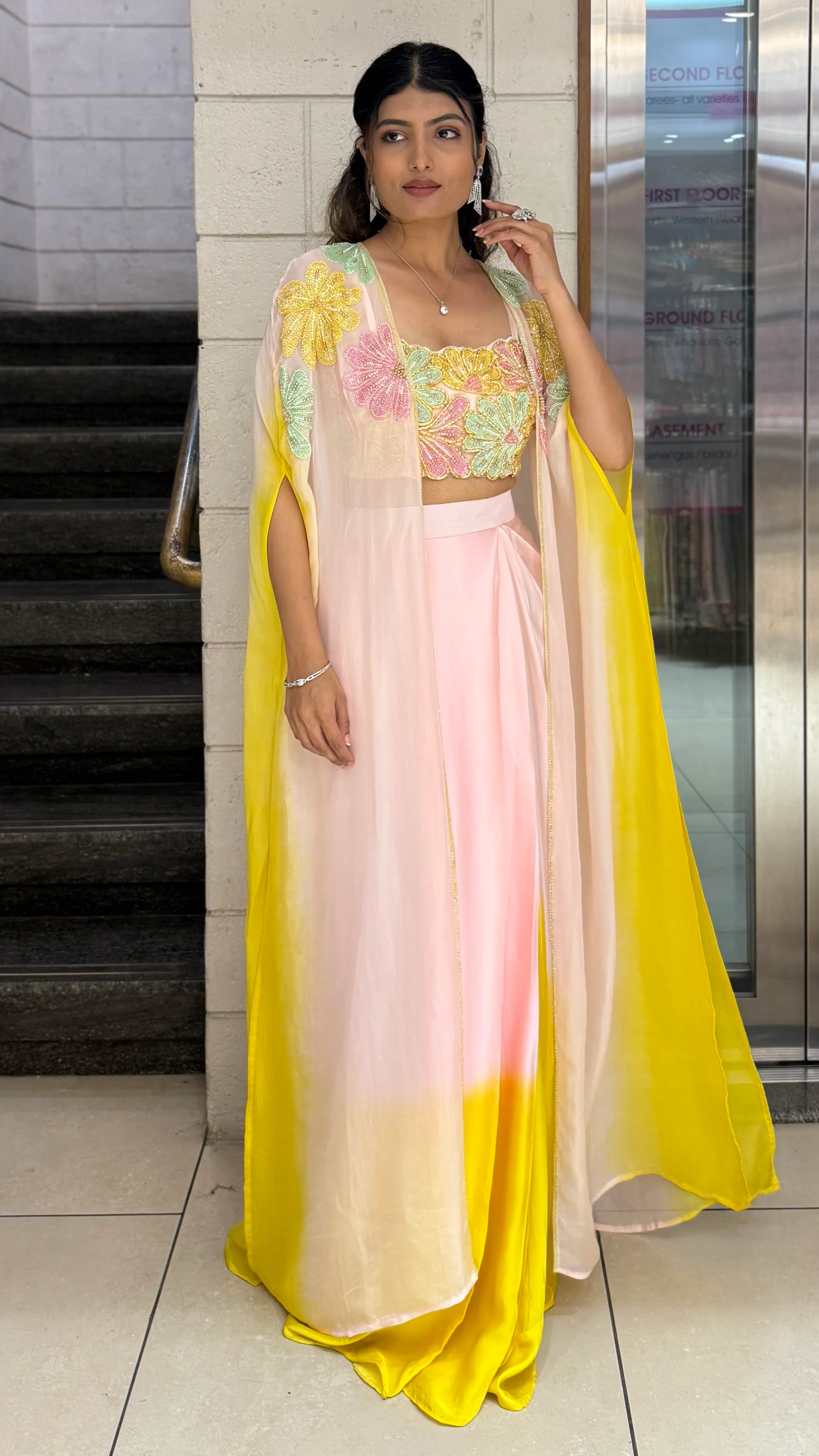 Premium Pastel Ombre Draped Indo-Western Set with Embroidered Blouse - Image 4