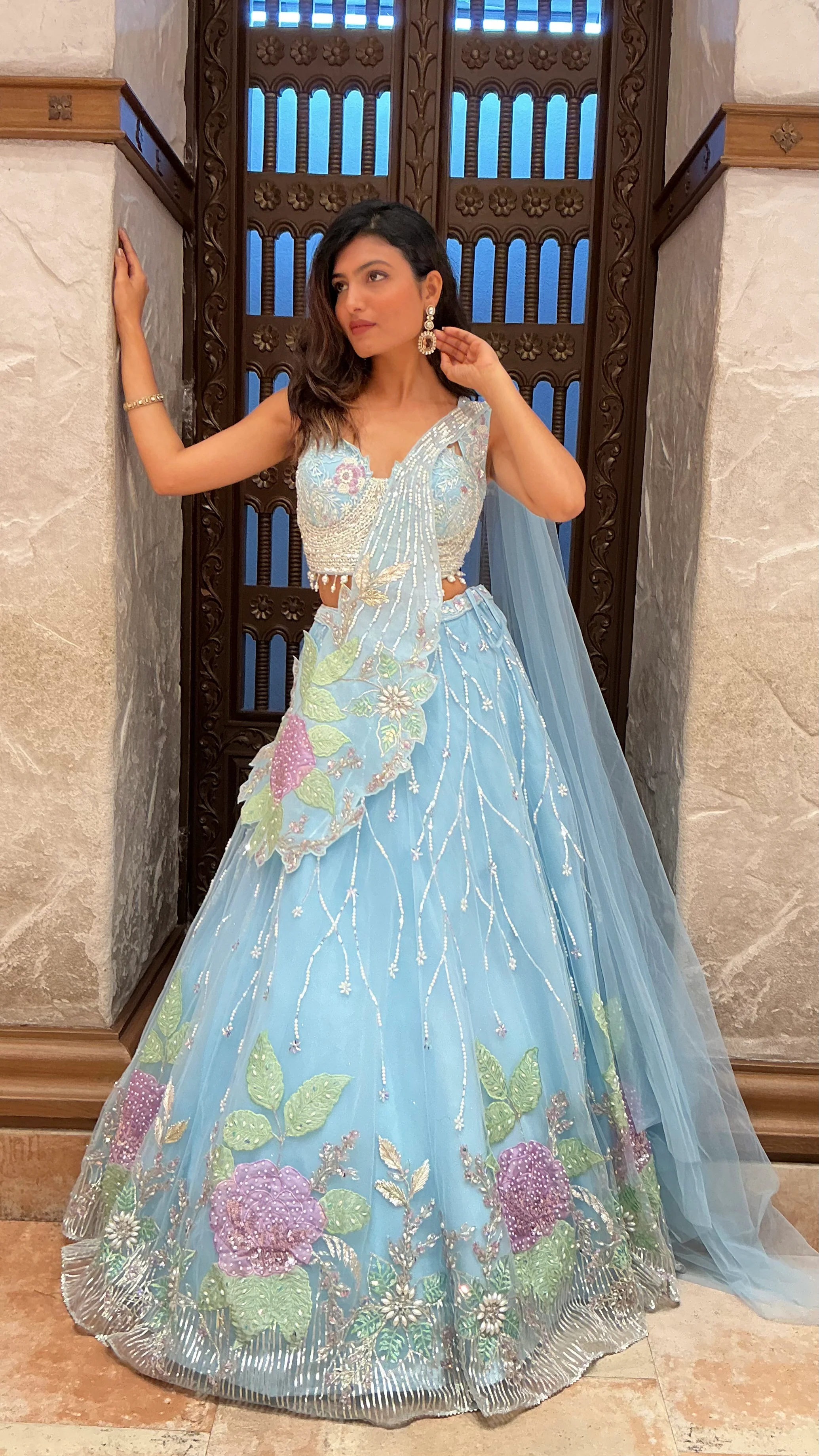 Pastel Sky Blue Floral Embroidered Designer Lehenga Set with Dupatta - Image 3