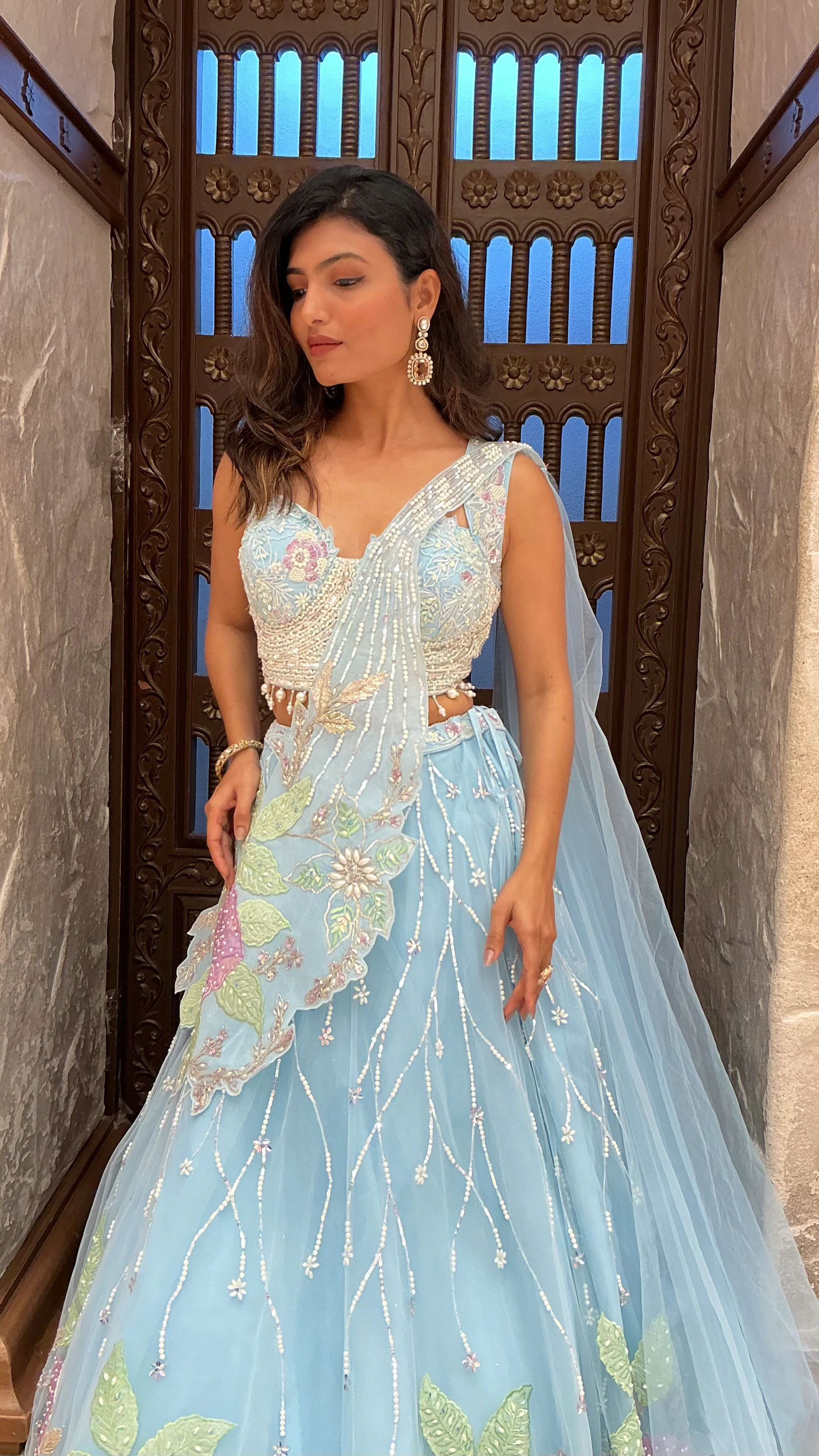 Pastel Sky Blue Floral Embroidered Designer Lehenga Set with Dupatta - Image 6