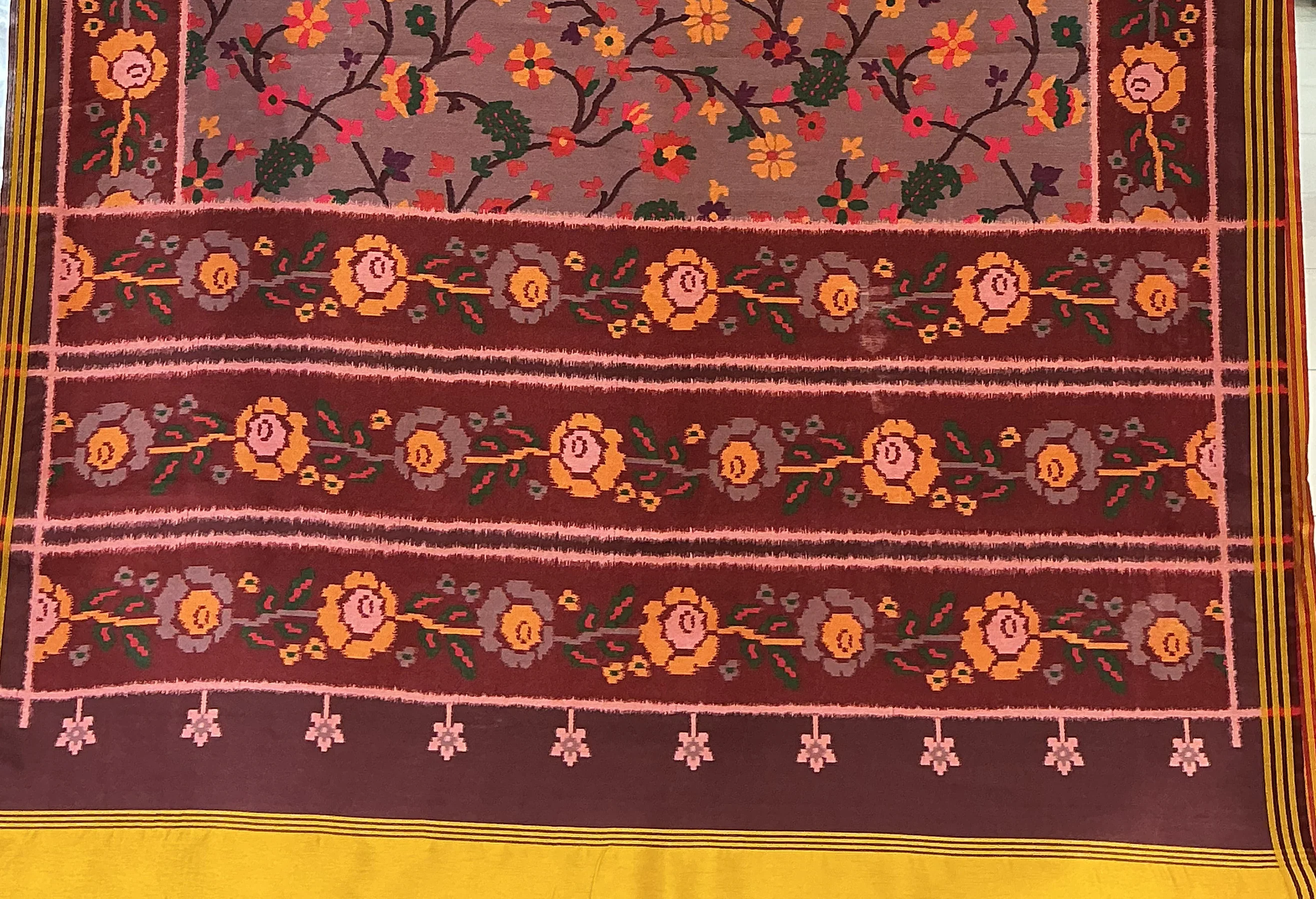Patan Patola Inspired Brown Floral Vine Designer Saree with Heritage Border P319 - Image 3