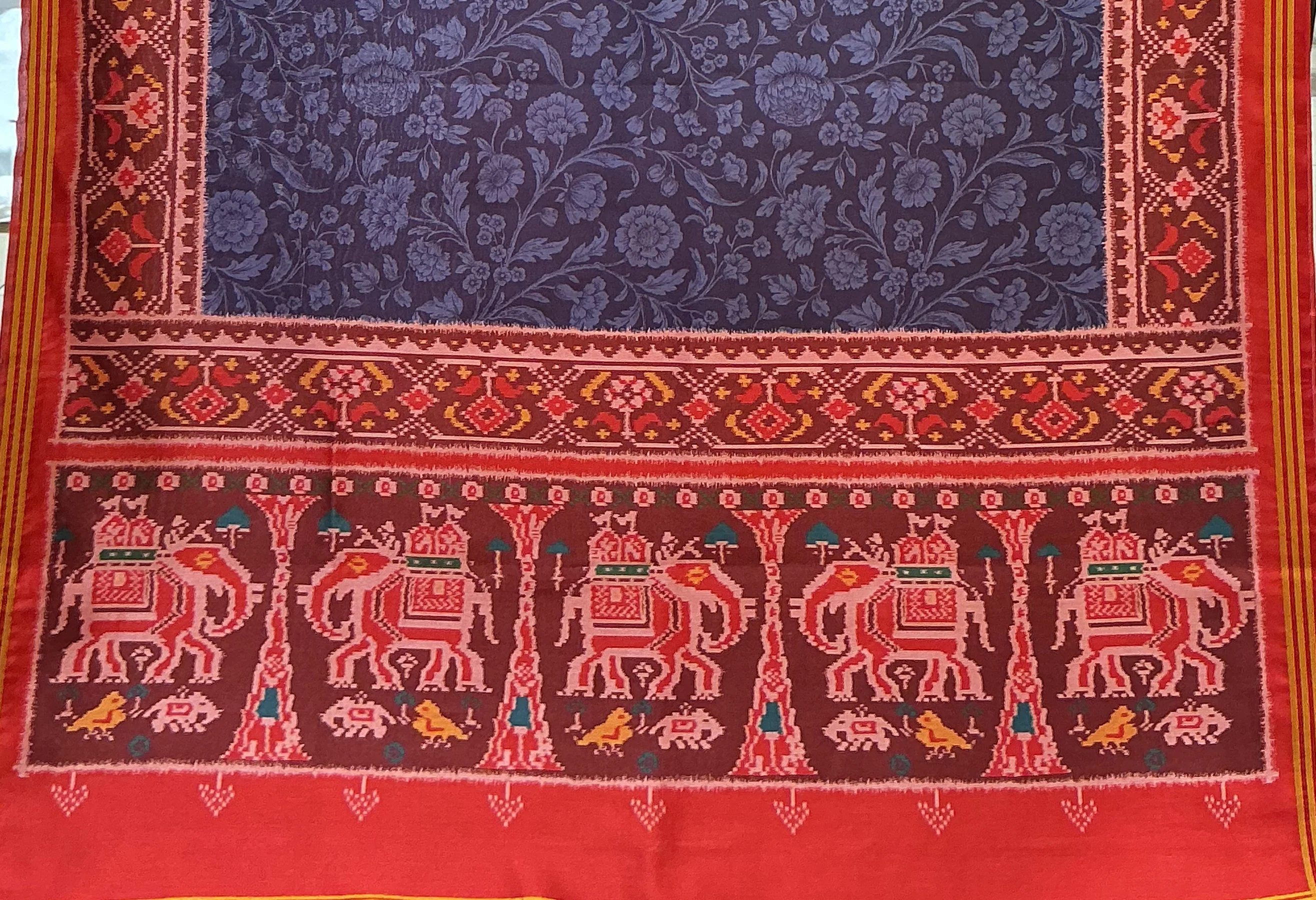 Patan Patola Inspired Indigo Blue Saree with Royal Elephant Border & Floral Heritage Weave P323 - Image 3
