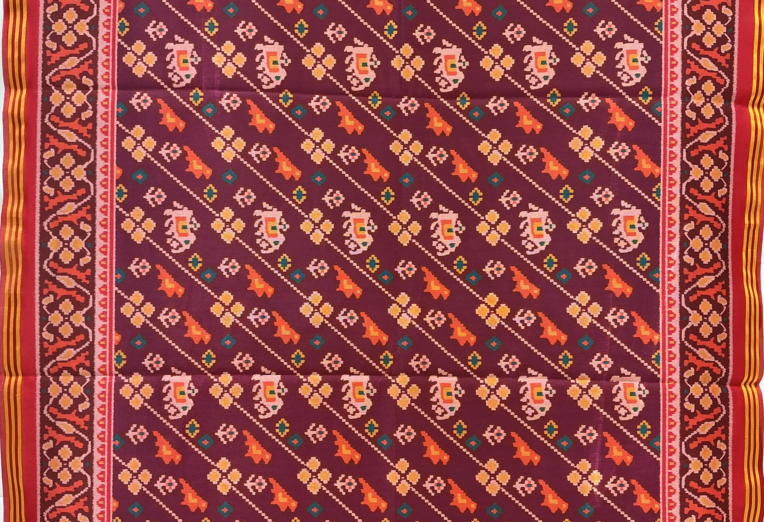 Patan Patola Inspired Maroon Diagonal Motif Designer Saree with Heritage Border P22 - Image 2