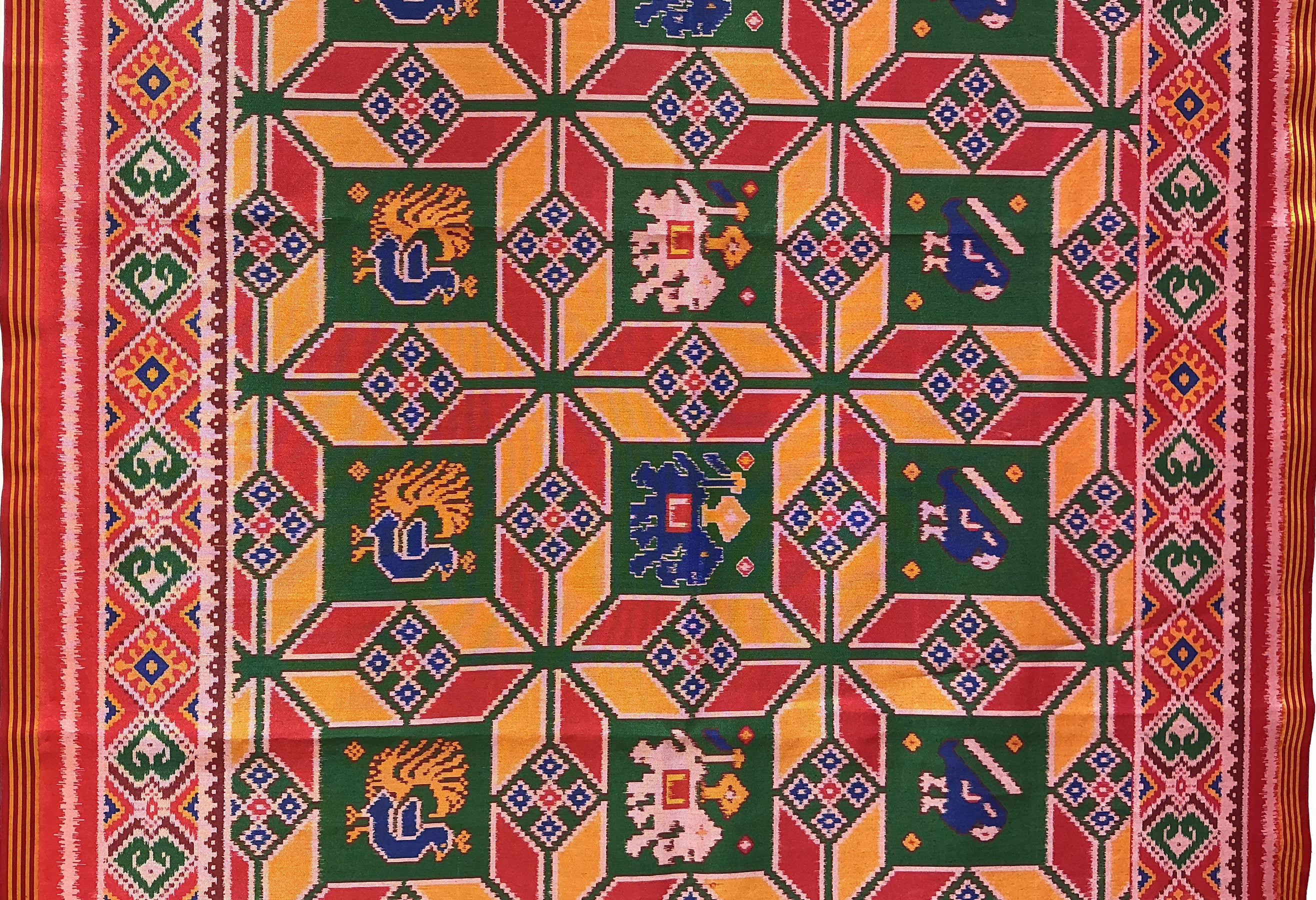 Patan Patola Inspired Multicolour Kunjar & Peacock Motif Saree with Heritage Border P381 - Image 2