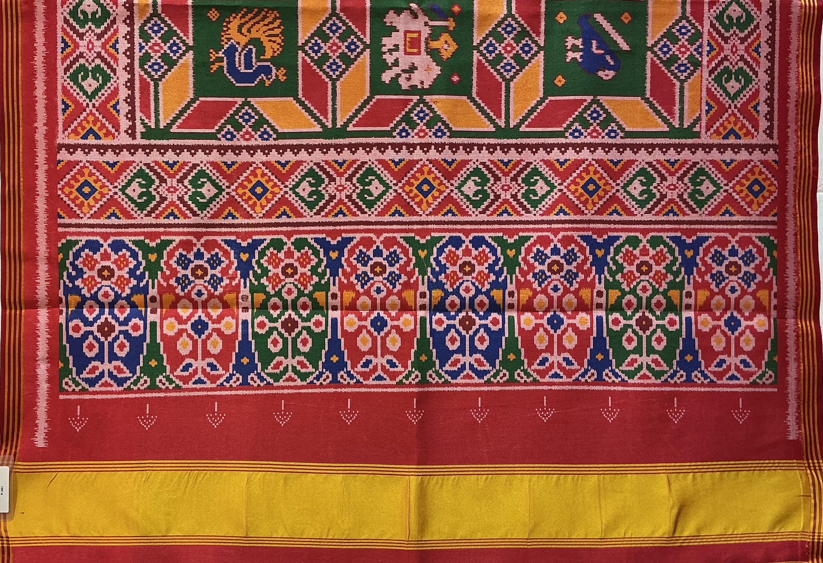 Patan Patola Inspired Multicolour Kunjar & Peacock Motif Saree with Heritage Border P381 - Image 3