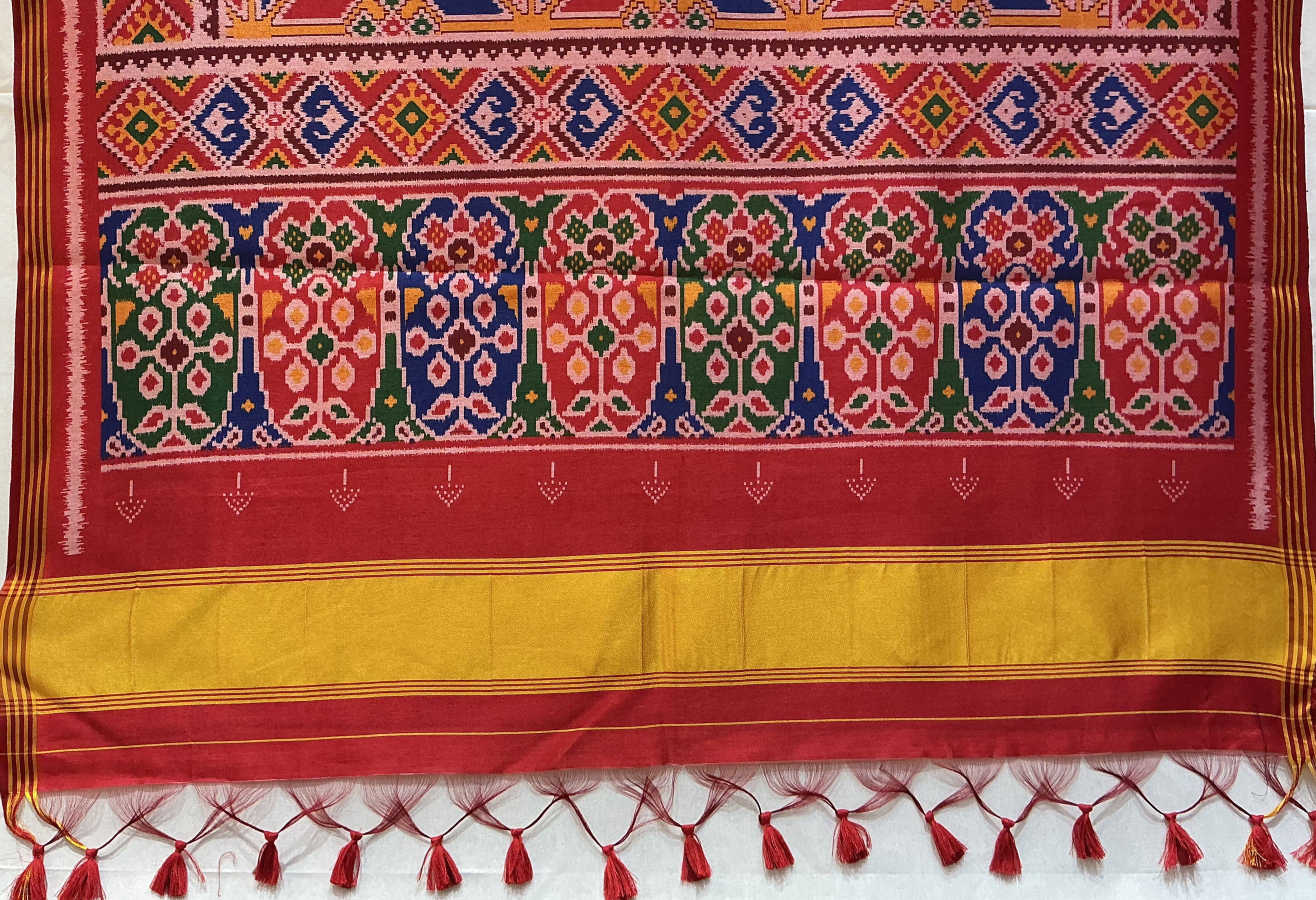 Patan Patola Inspired Mustard Yellow Saree with Kunjar & Peacock Motif Panels P384 - Image 3