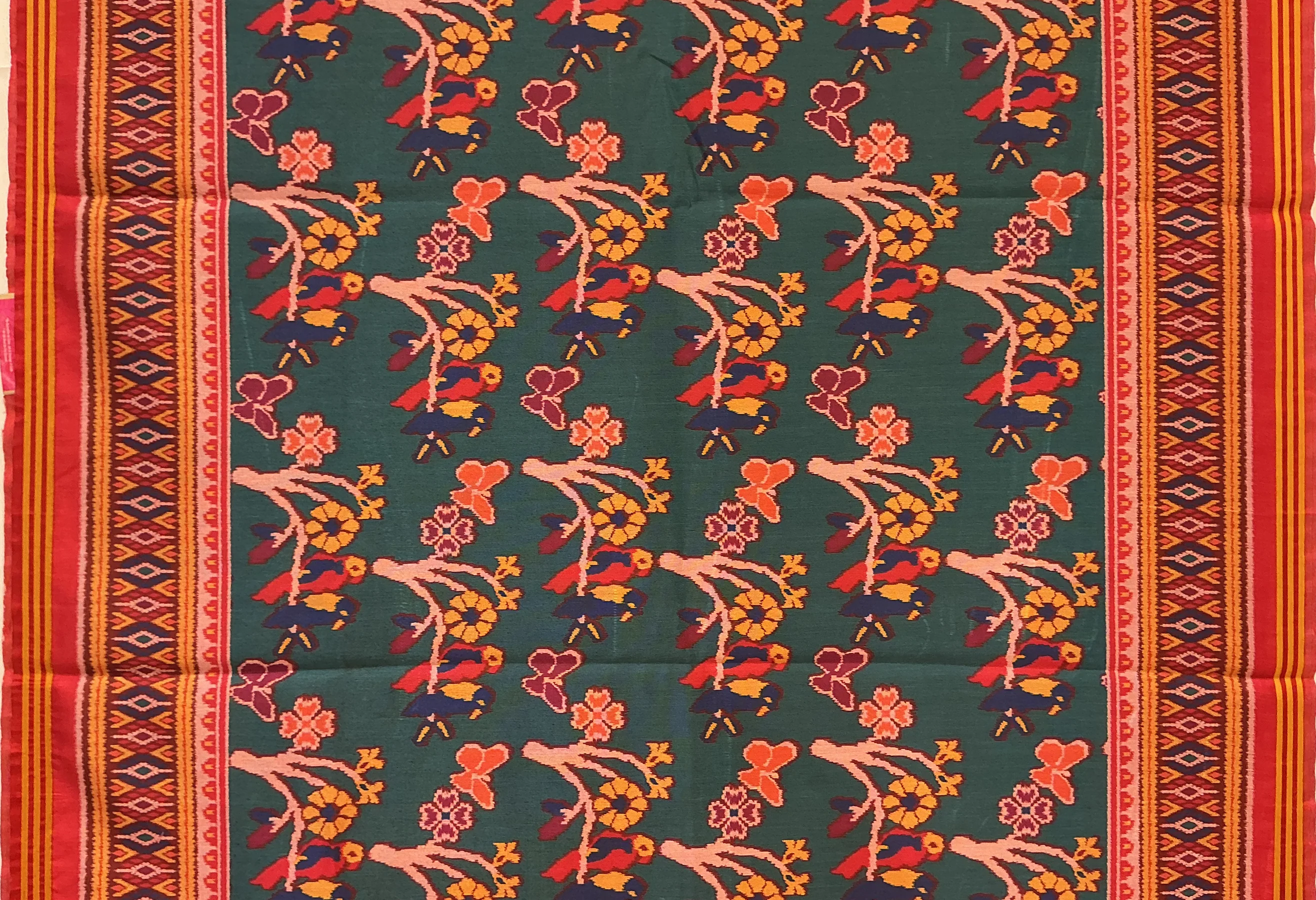 Patan Patola Inspired Teal Green Bird Motif Designer Saree with Heritage Border P16 - Image 2