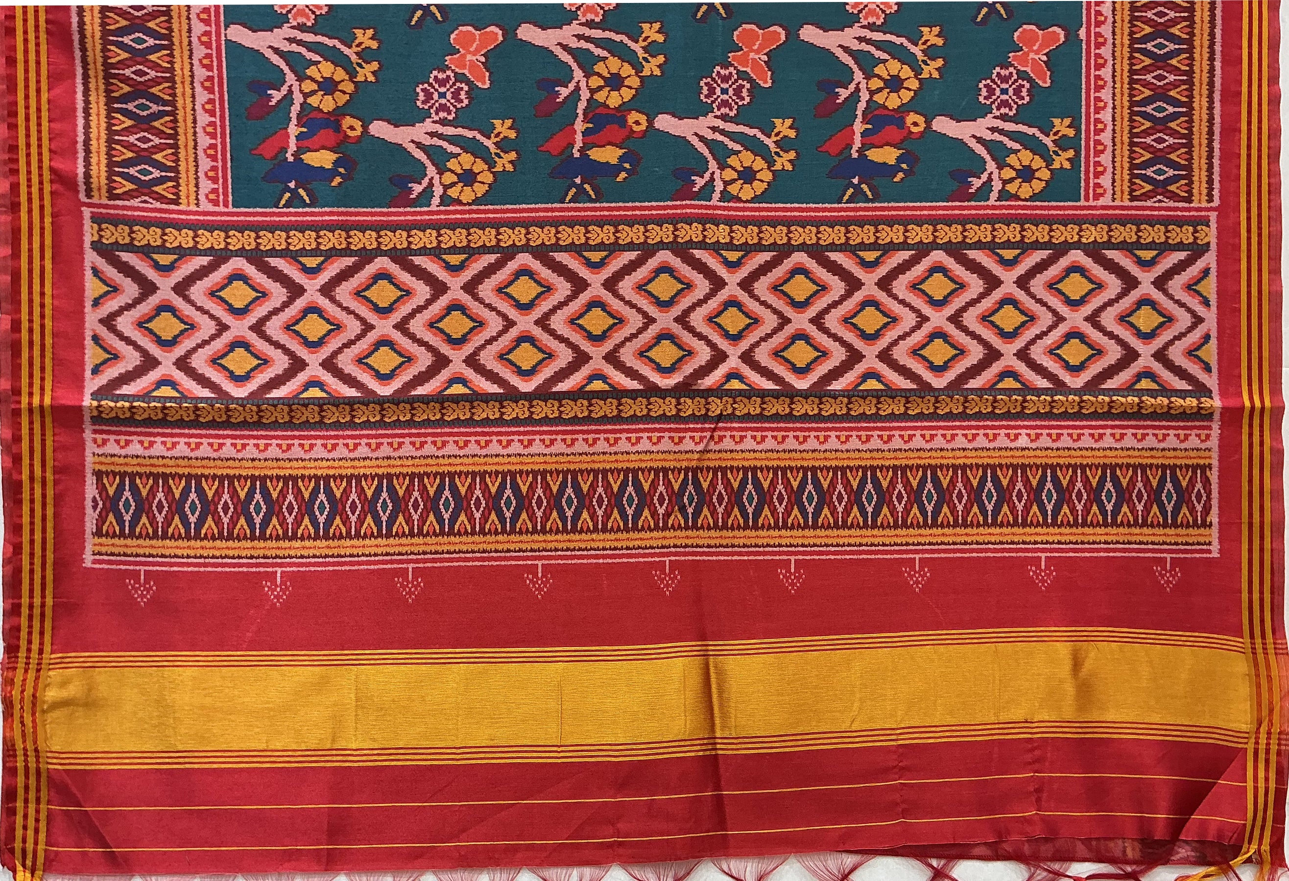 Patan Patola Inspired Teal Green Bird Motif Designer Saree with Heritage Border P16 - Image 3