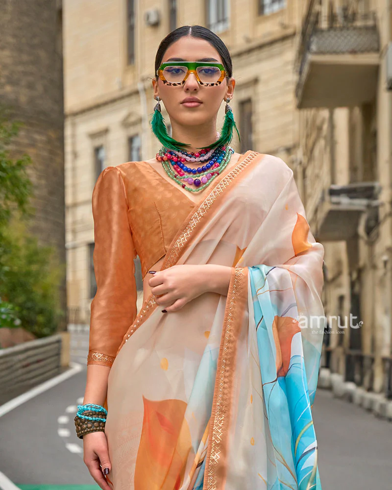 Peach Abstract Print Saree with Embellished and Unstitched Blouse - Image 2