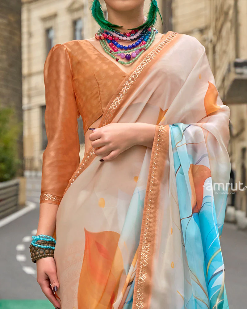 Peach Abstract Print Saree with Embellished and Unstitched Blouse - Image 3