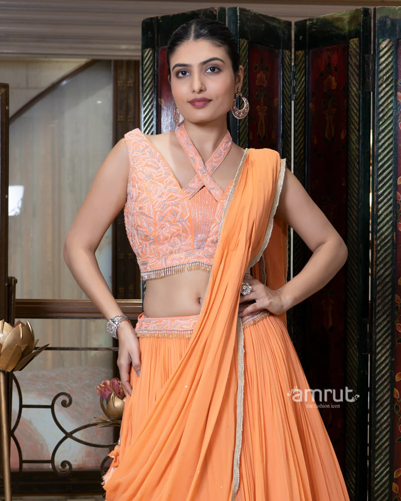 Peach Criss-Cross Neck Embroidered Blouse Lehenga Set with Dupatta - Image 2