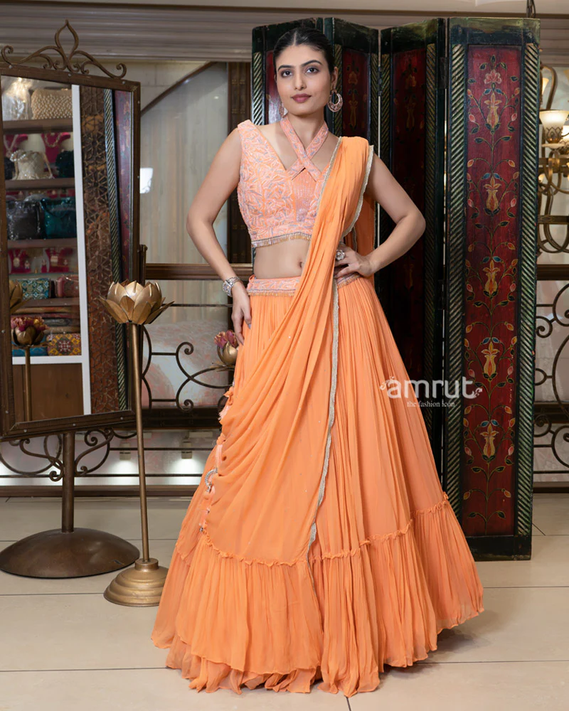 Peach Criss-Cross Neck Embroidered Blouse Lehenga Set with Dupatta - Image 4