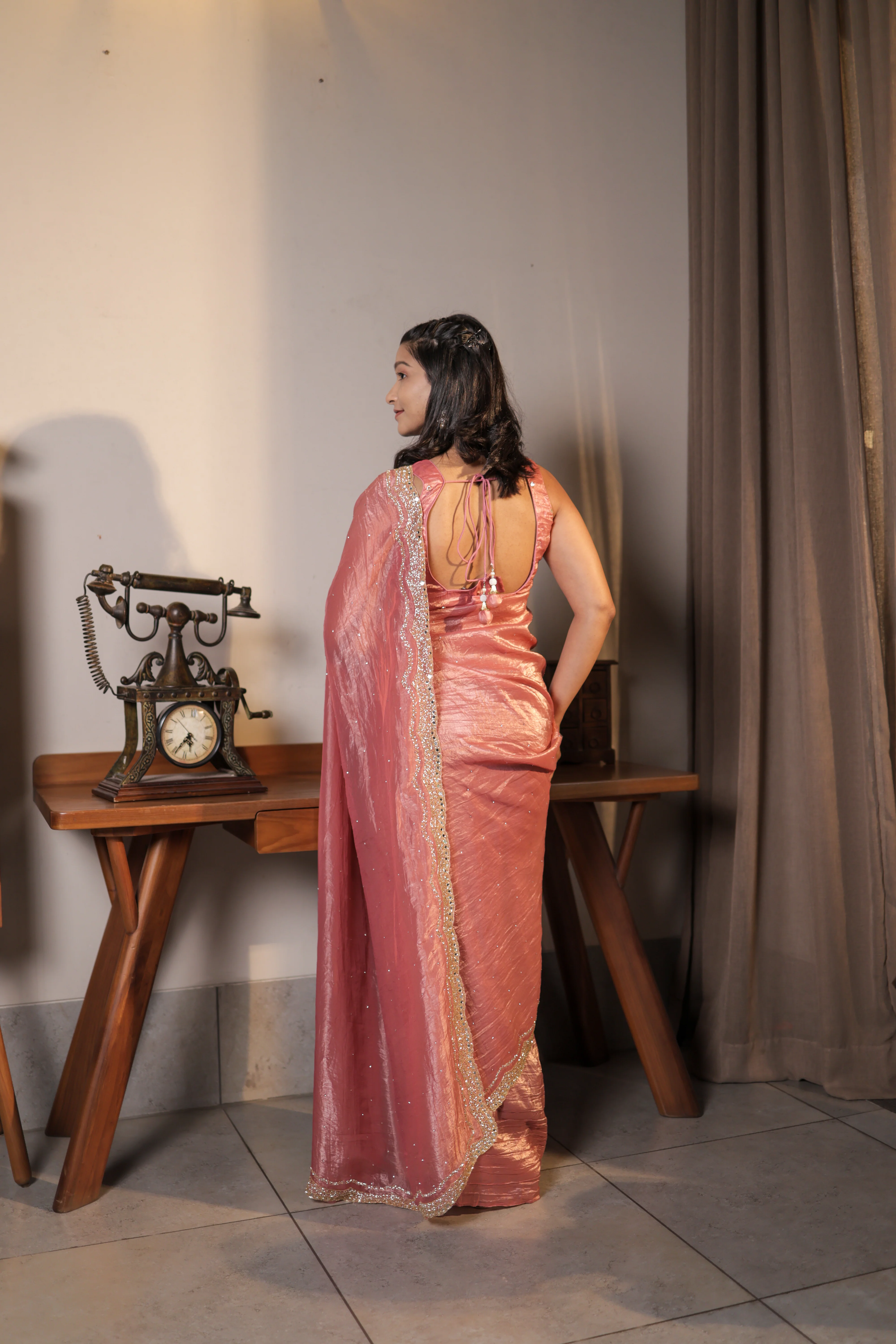 Peach Crushed Tissue Crepe Saree with Hand Work Unstitched Blouse - Image 3