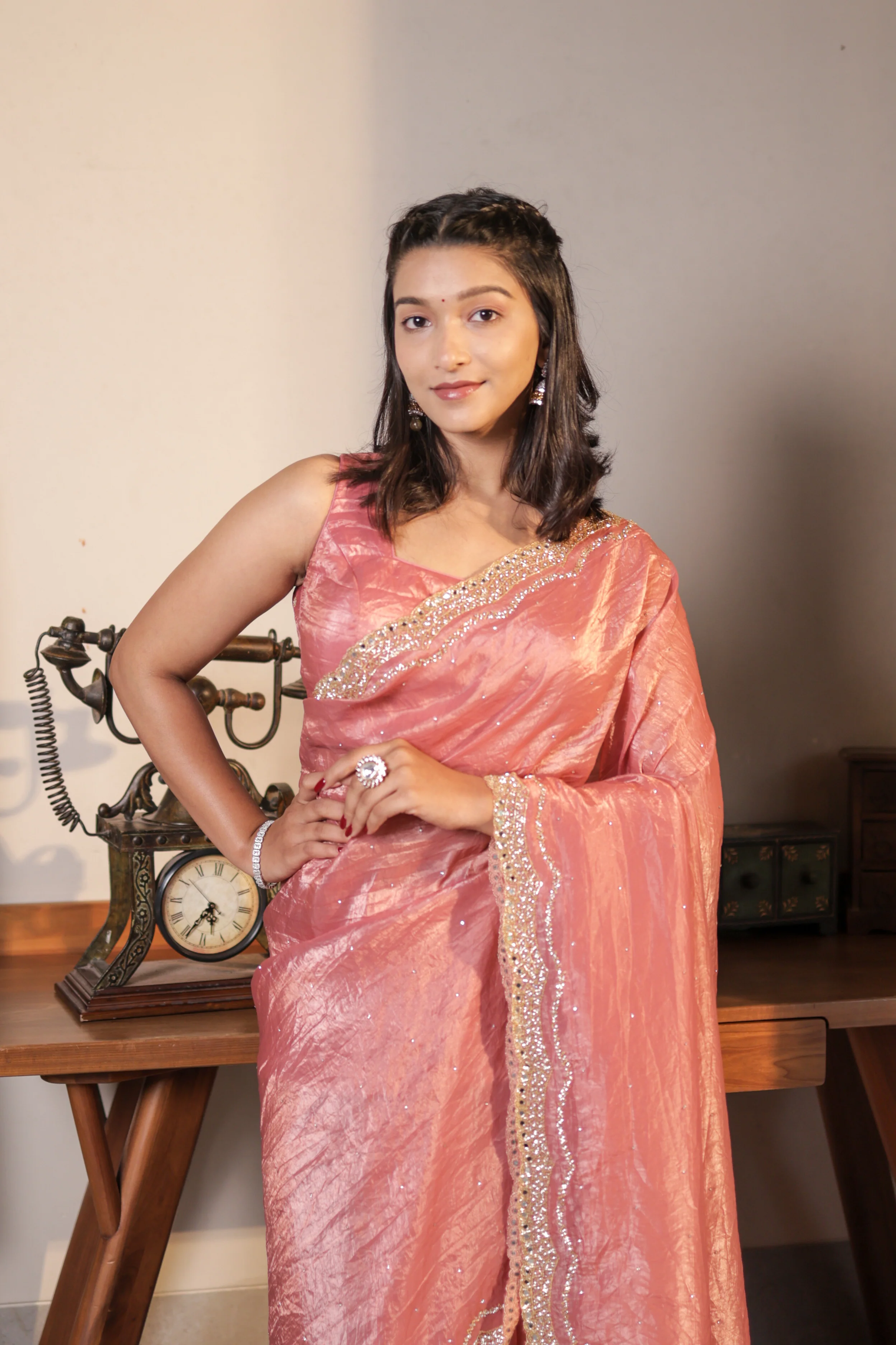 Peach Crushed Tissue Crepe Saree with Hand Work Unstitched Blouse - Image 4