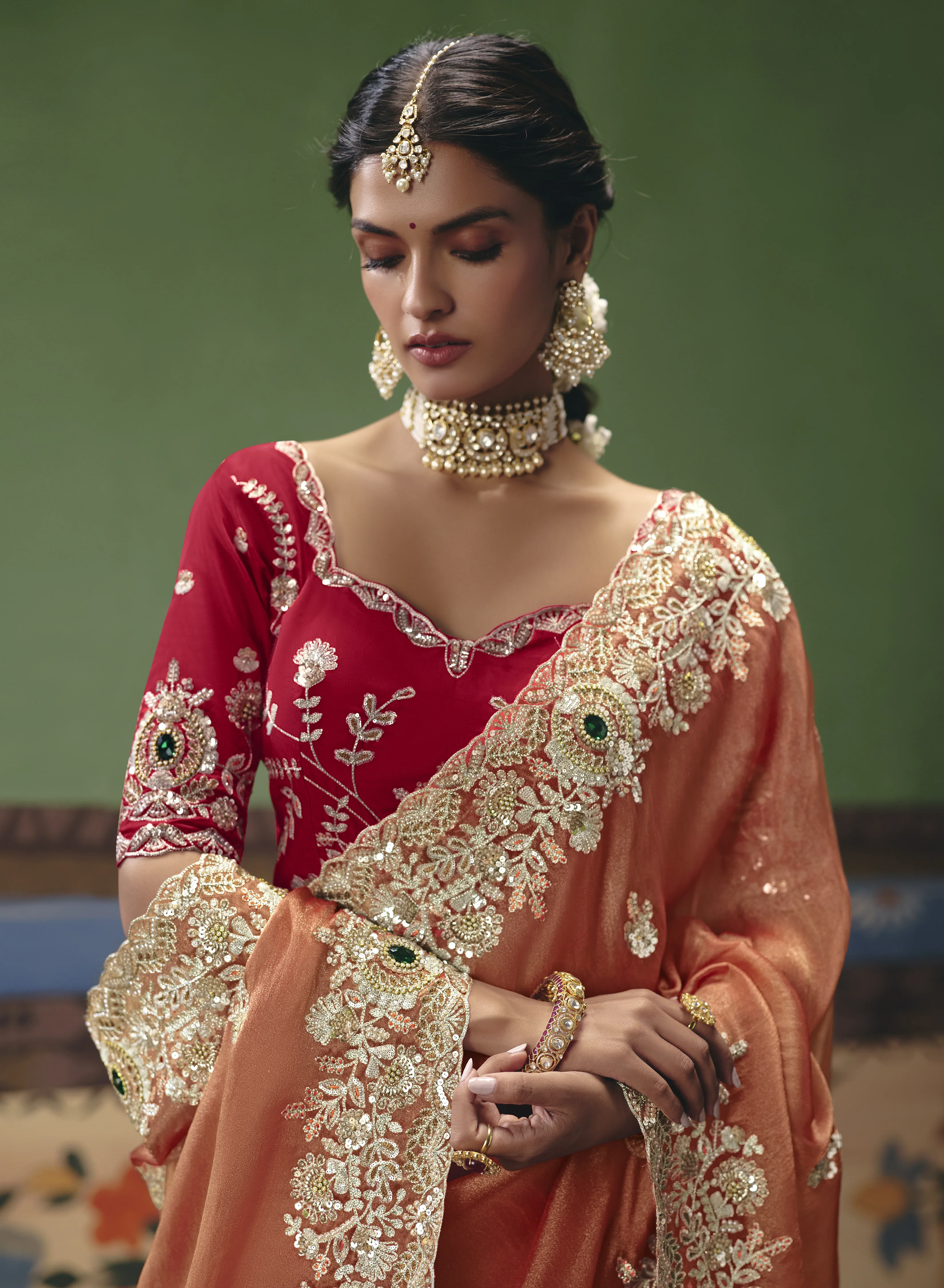 Peach Designer Embroidered Saree with Contrast Blouse - Image 2