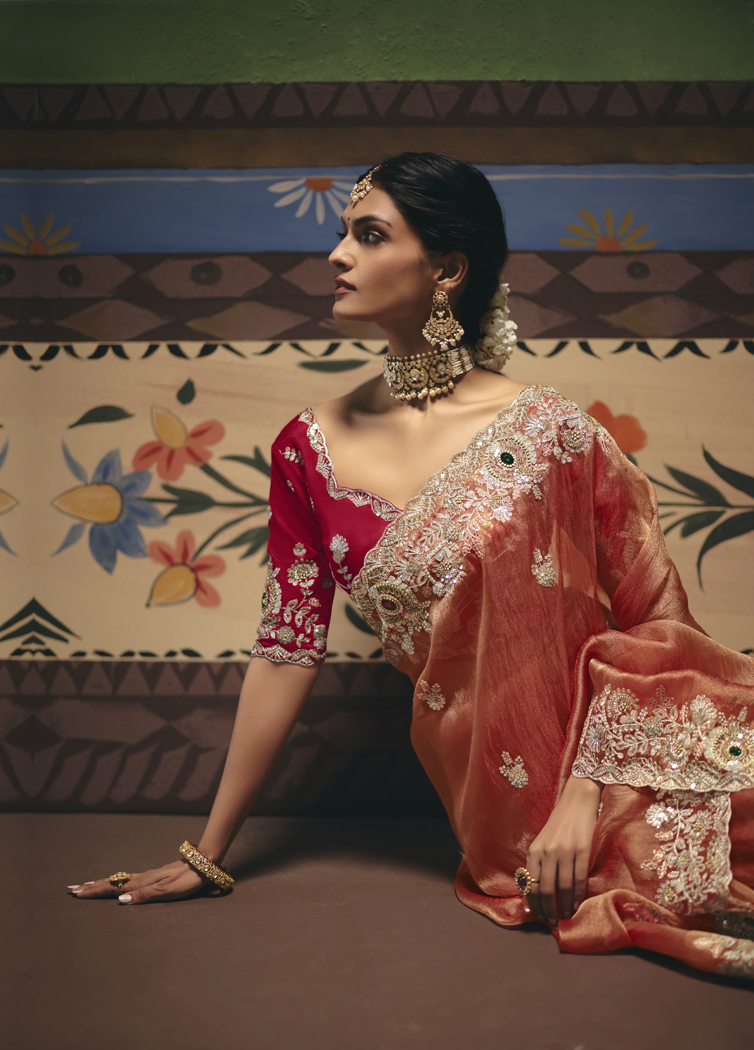 Peach Designer Embroidered Saree with Contrast Blouse - Image 3