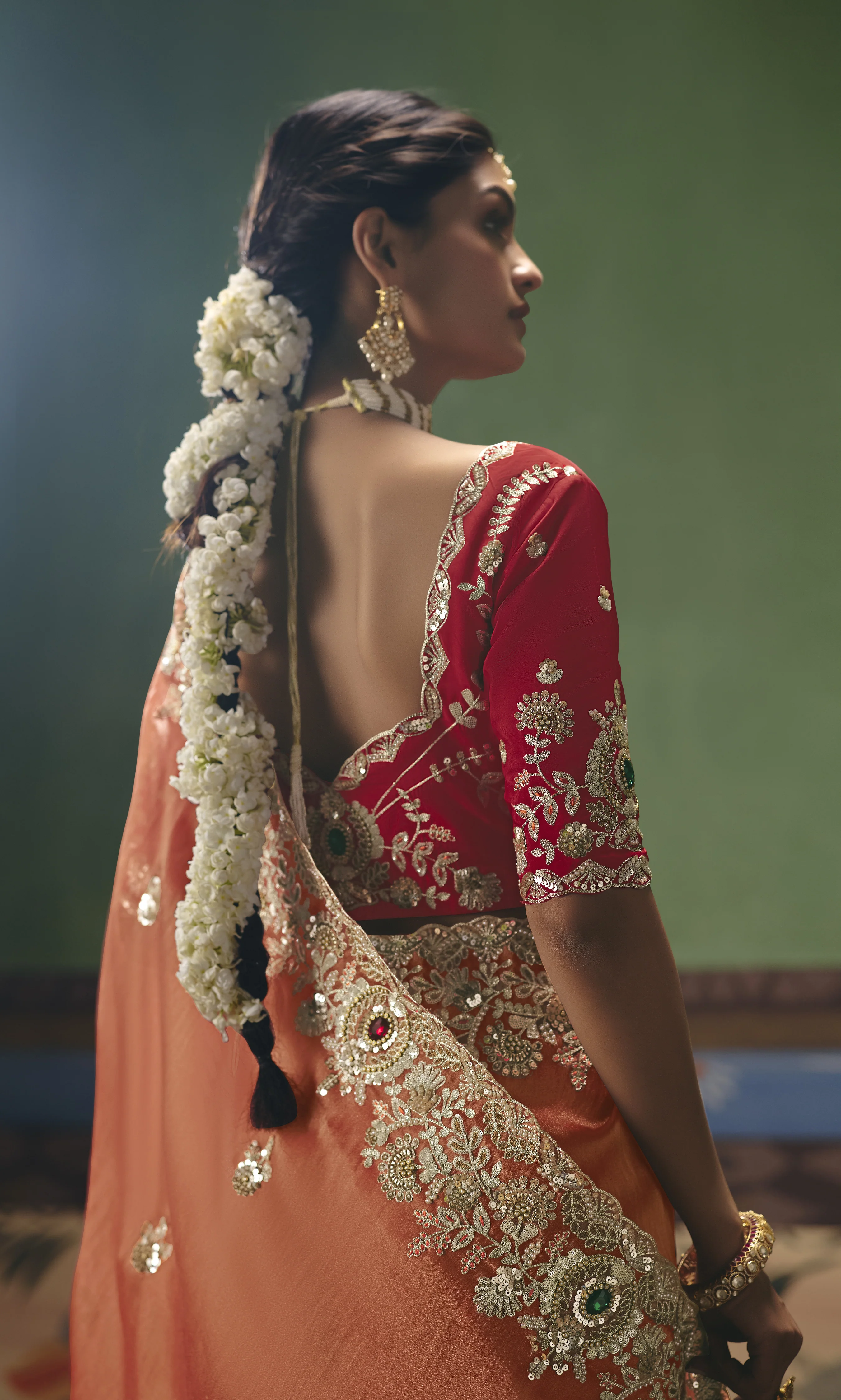 Peach Designer Embroidered Saree with Contrast Blouse - Image 4