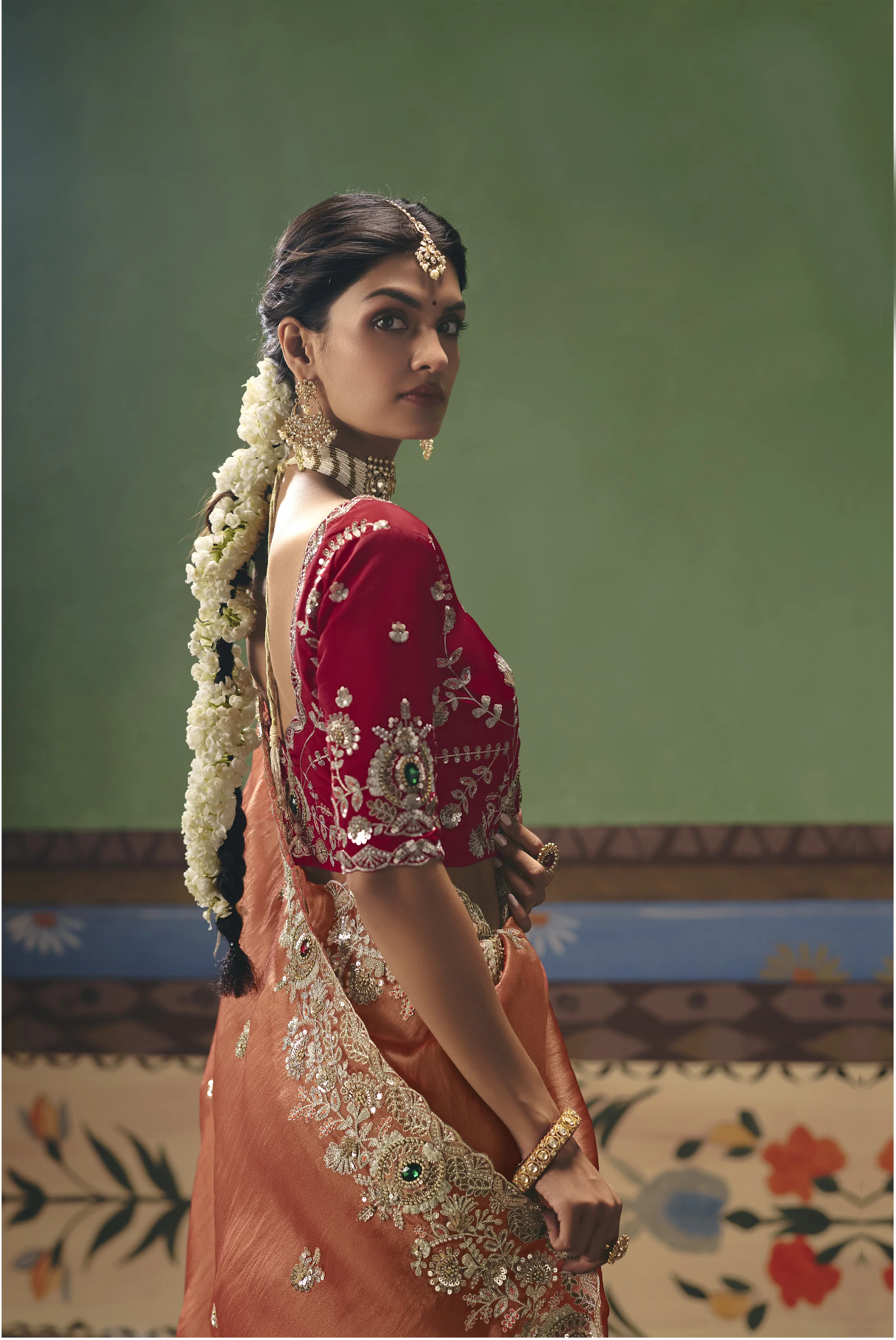 Peach Designer Embroidered Saree with Contrast Blouse - Image 5