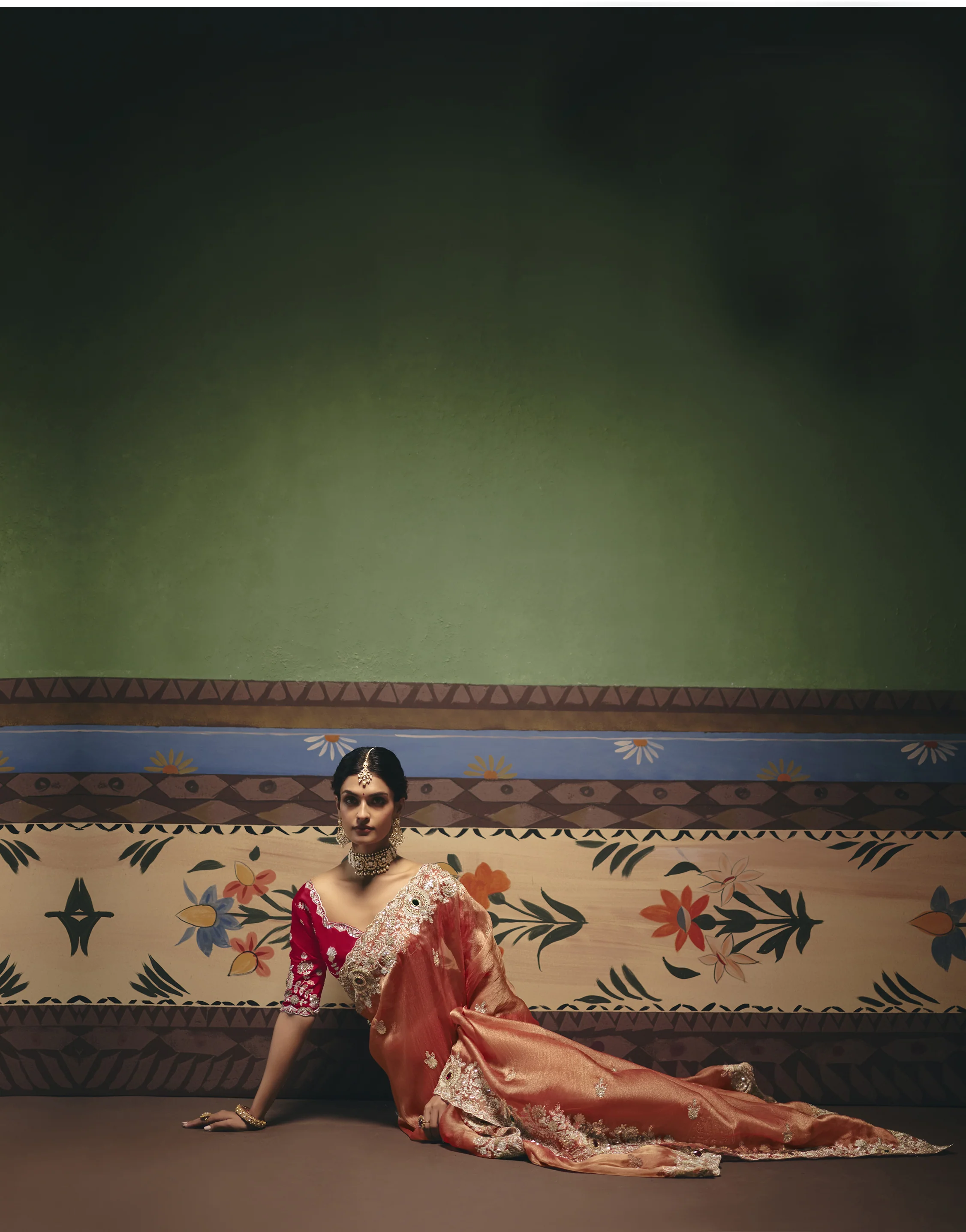 Peach Designer Embroidered Saree with Contrast Blouse - Image 6