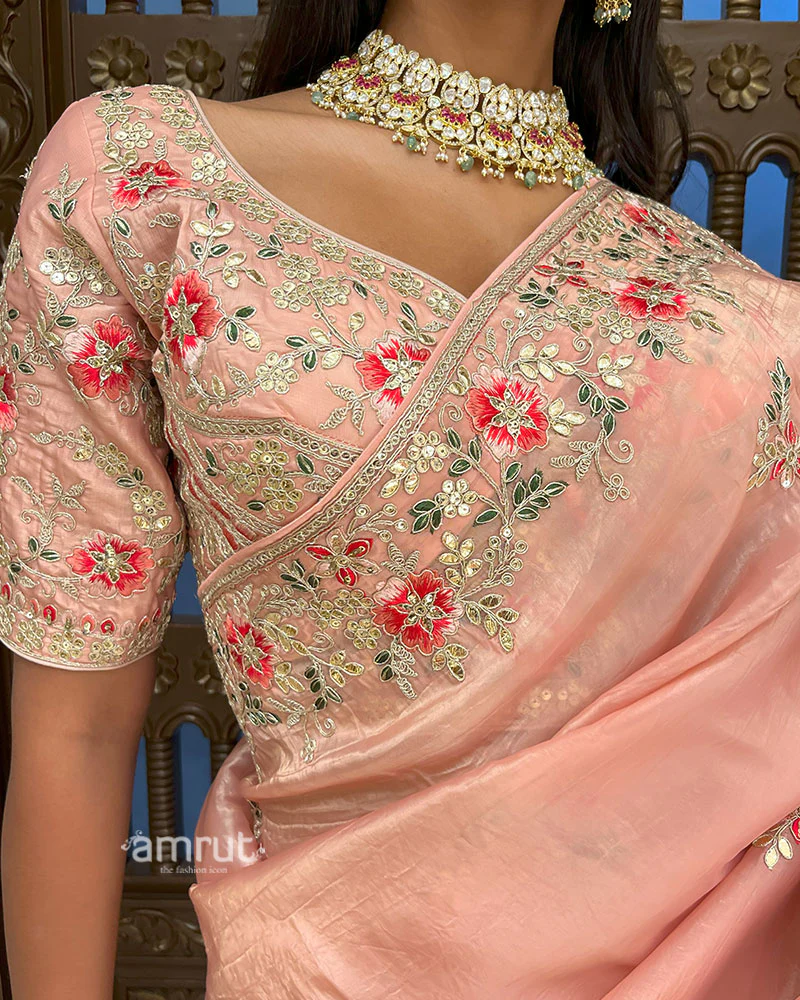 Peach Embroidered Organza Saree with Stitched Blouse - Image 2