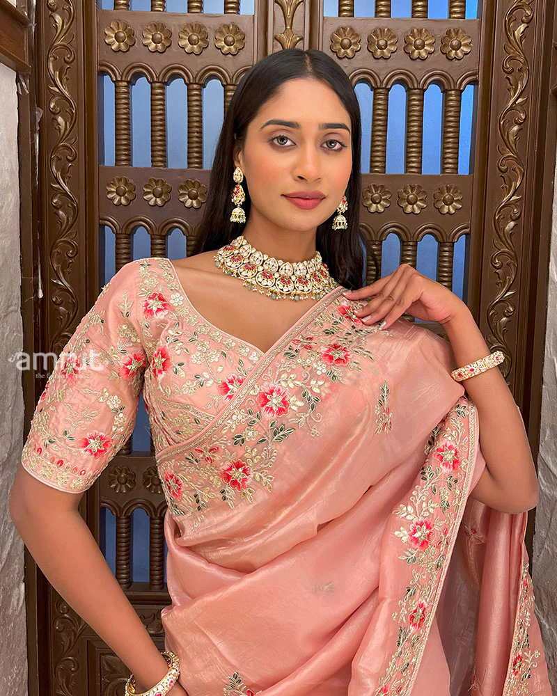 Peach Embroidered Organza Saree with Stitched Blouse - Image 3