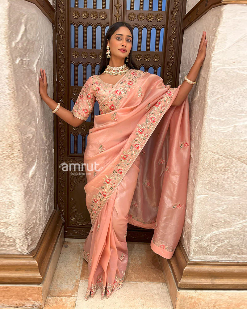 Peach Embroidered Organza Saree with Stitched Blouse - Image 4