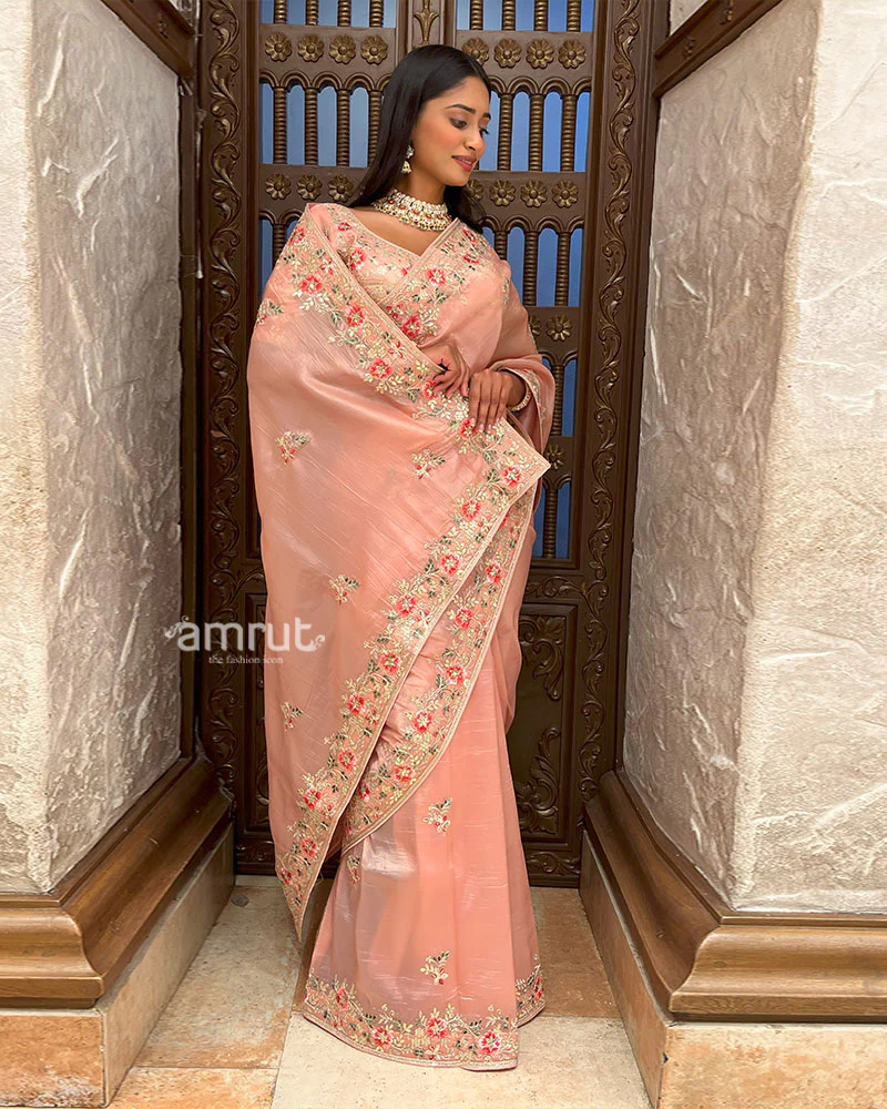 Peach Embroidered Organza Saree with Stitched Blouse - Image 5