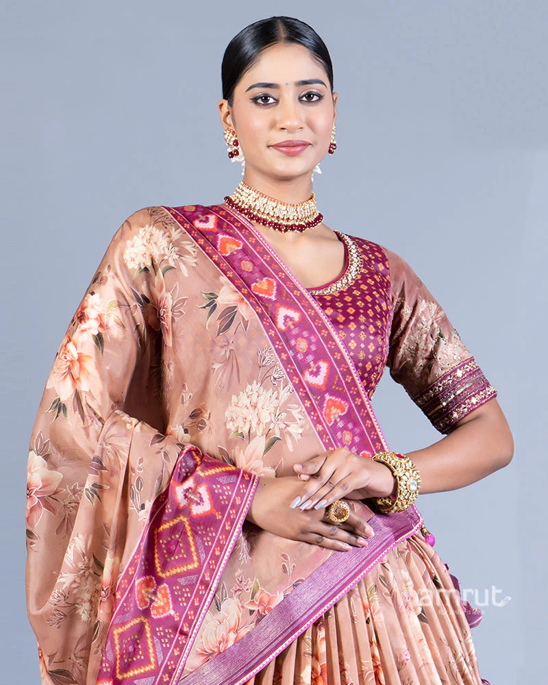 Peach Floral Pleated Lehenga and Embellished Choli with Dupatta - Image 2
