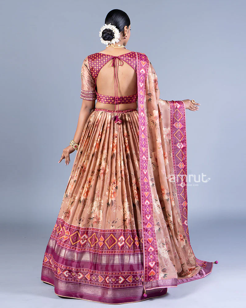 Peach Floral Pleated Lehenga and Embellished Choli with Dupatta - Image 3