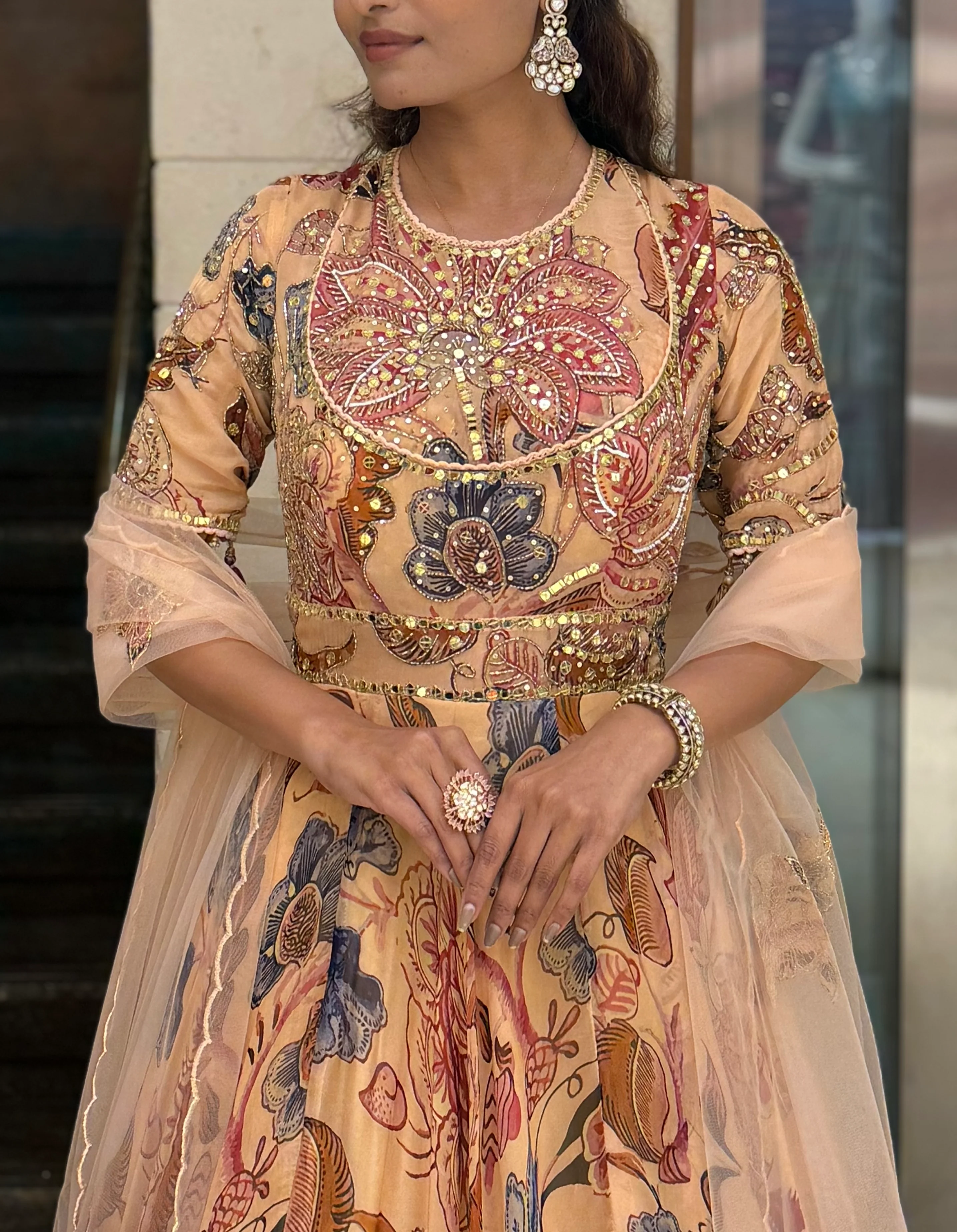 Peach Floral Printed Designer Gown with Heavy Embroidered Yoke & Net Dupatta - Image 2