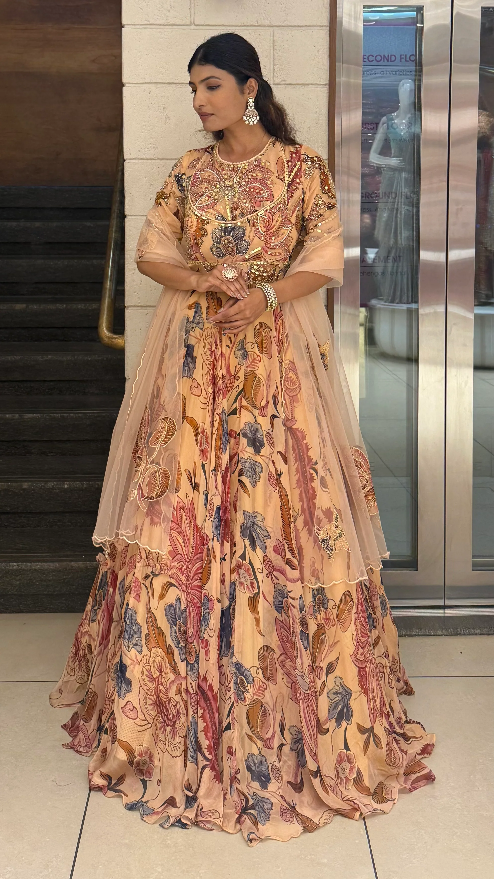 Peach Floral Printed Designer Gown with Heavy Embroidered Yoke & Net Dupatta - Image 3