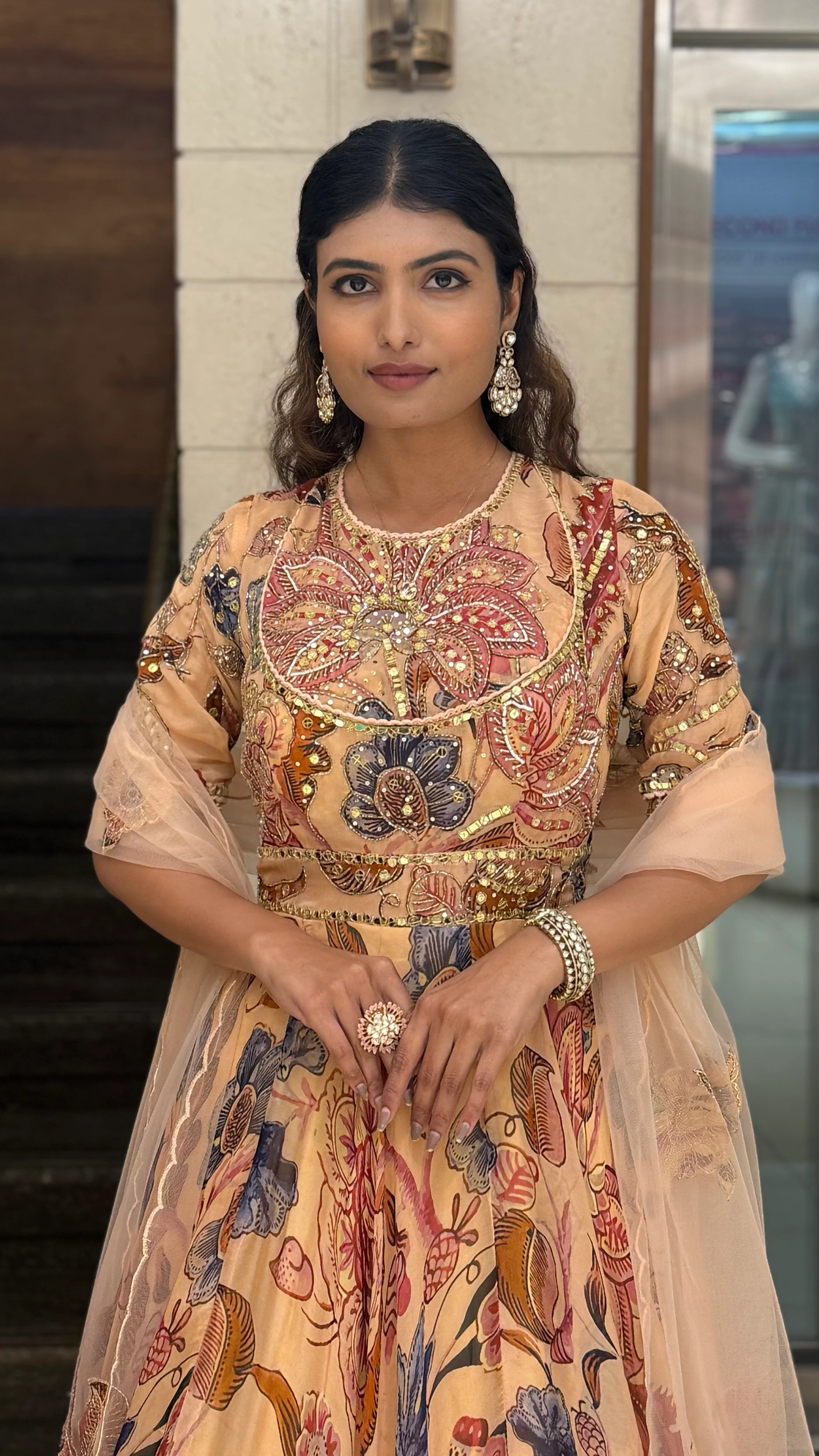 Peach Floral Printed Designer Gown with Heavy Embroidered Yoke & Net Dupatta - Image 4