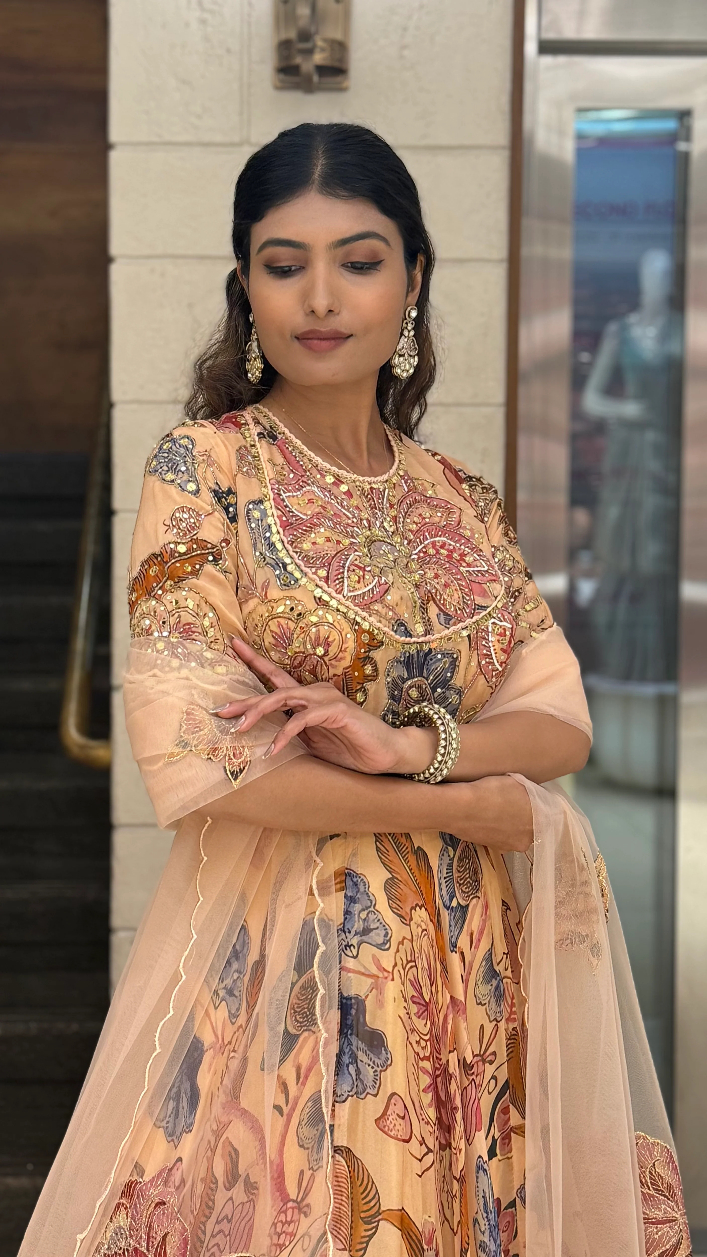 Peach Floral Printed Designer Gown with Heavy Embroidered Yoke & Net Dupatta - Image 5