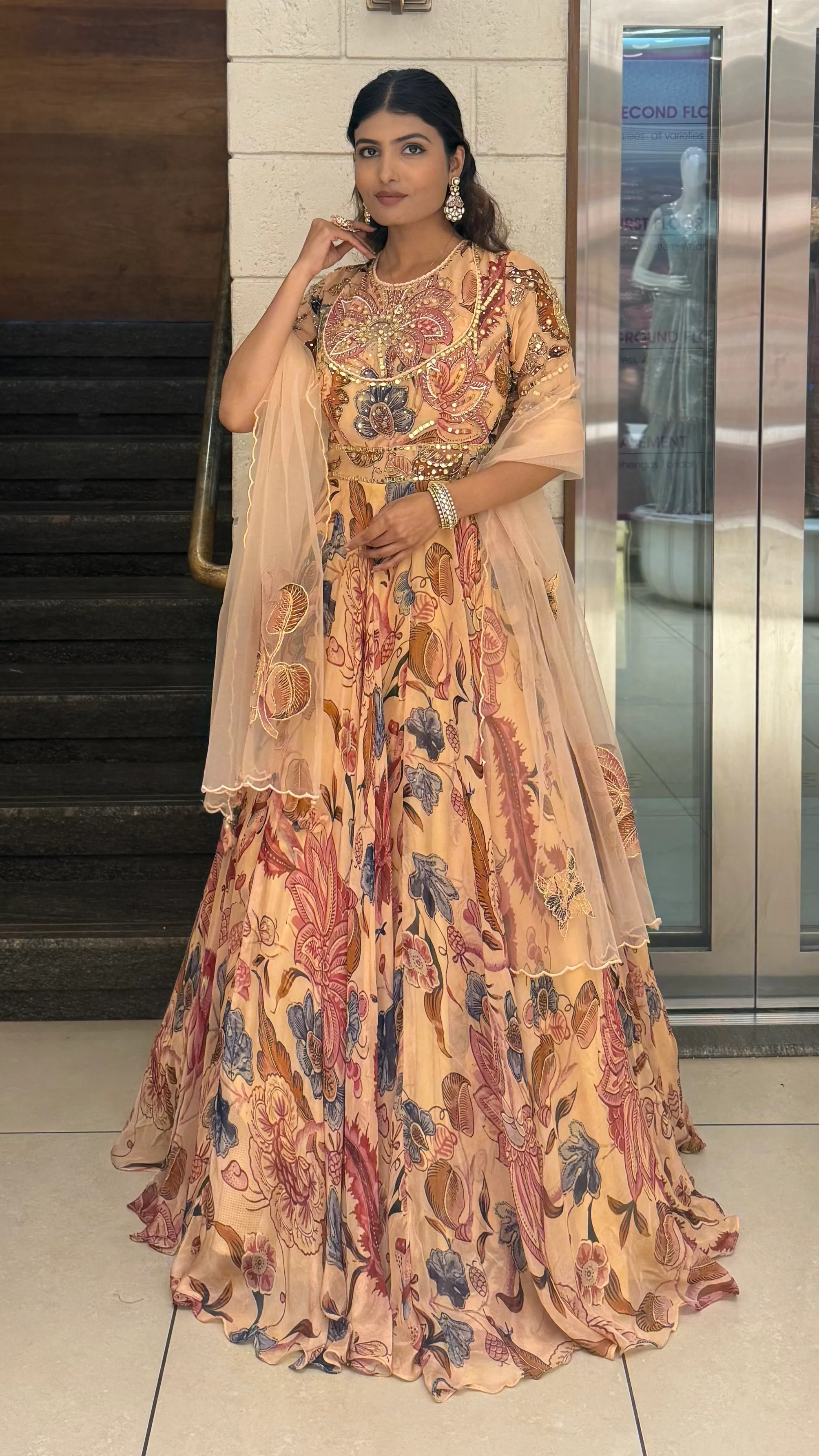 Peach Floral Printed Designer Gown with Heavy Embroidered Yoke & Net Dupatta - Image 6