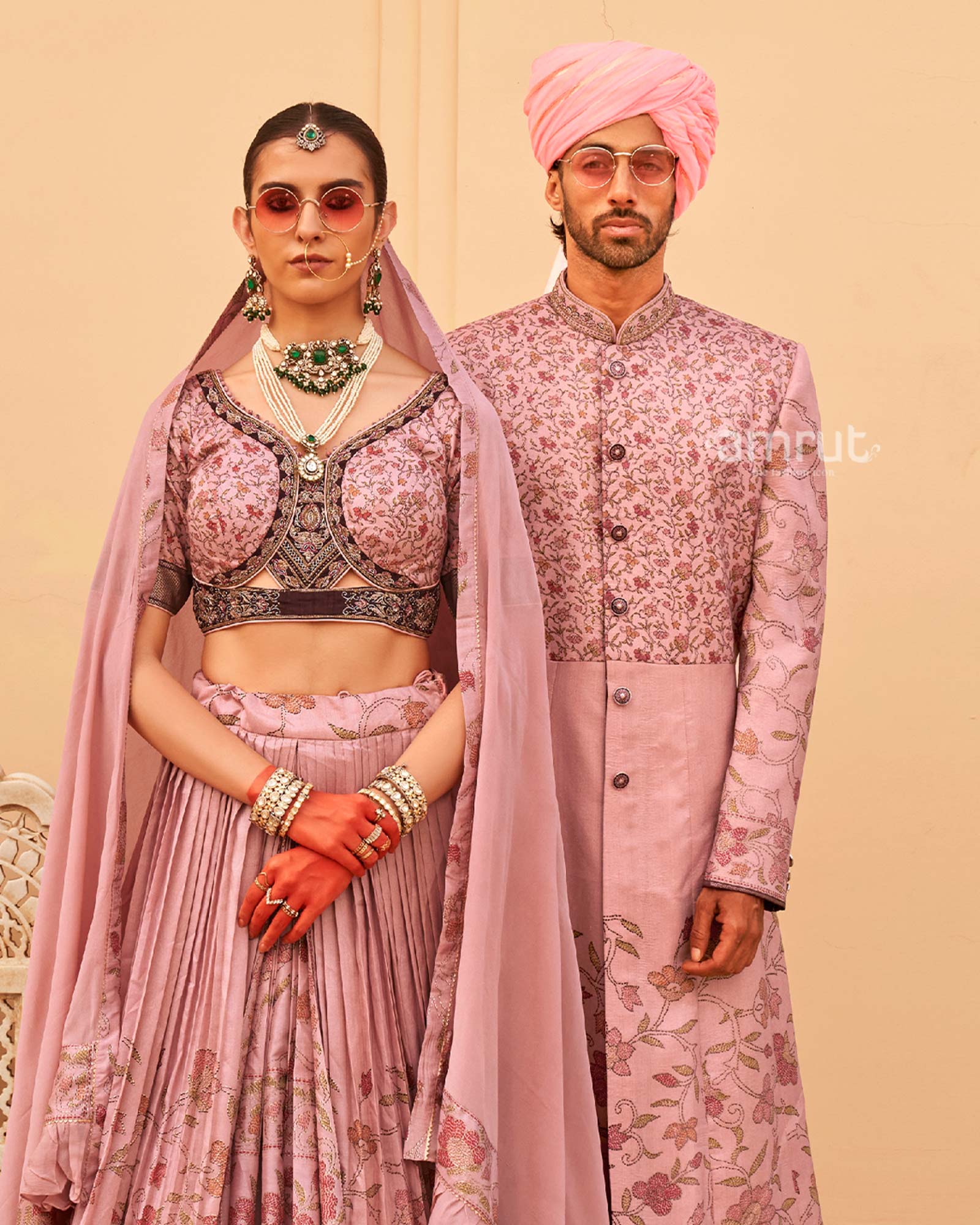 Peach Floral Printed Lehenga Set and Men Indowestern Kurta Set - Image 2