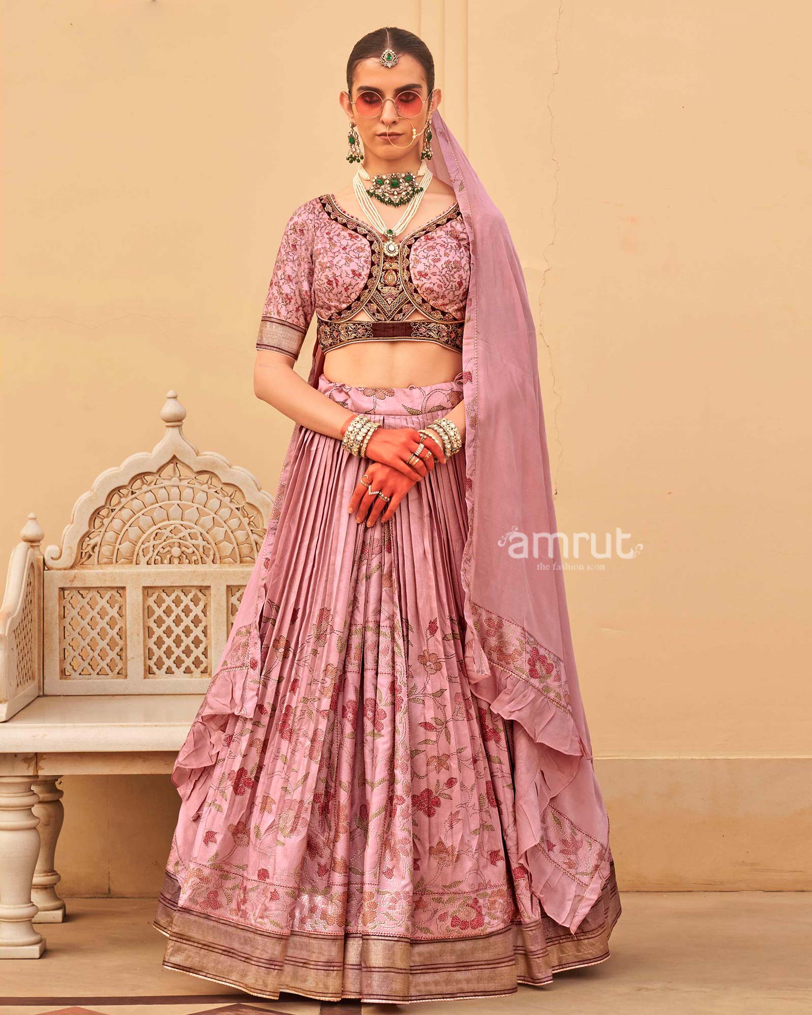 Peach Floral Printed Lehenga Set and Men Indowestern Kurta Set - Image 3