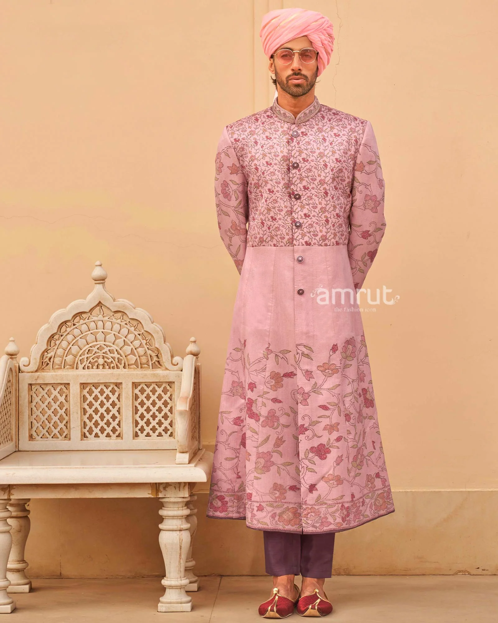 Peach Floral Printed Lehenga Set and Men Indowestern Kurta Set - Image 4