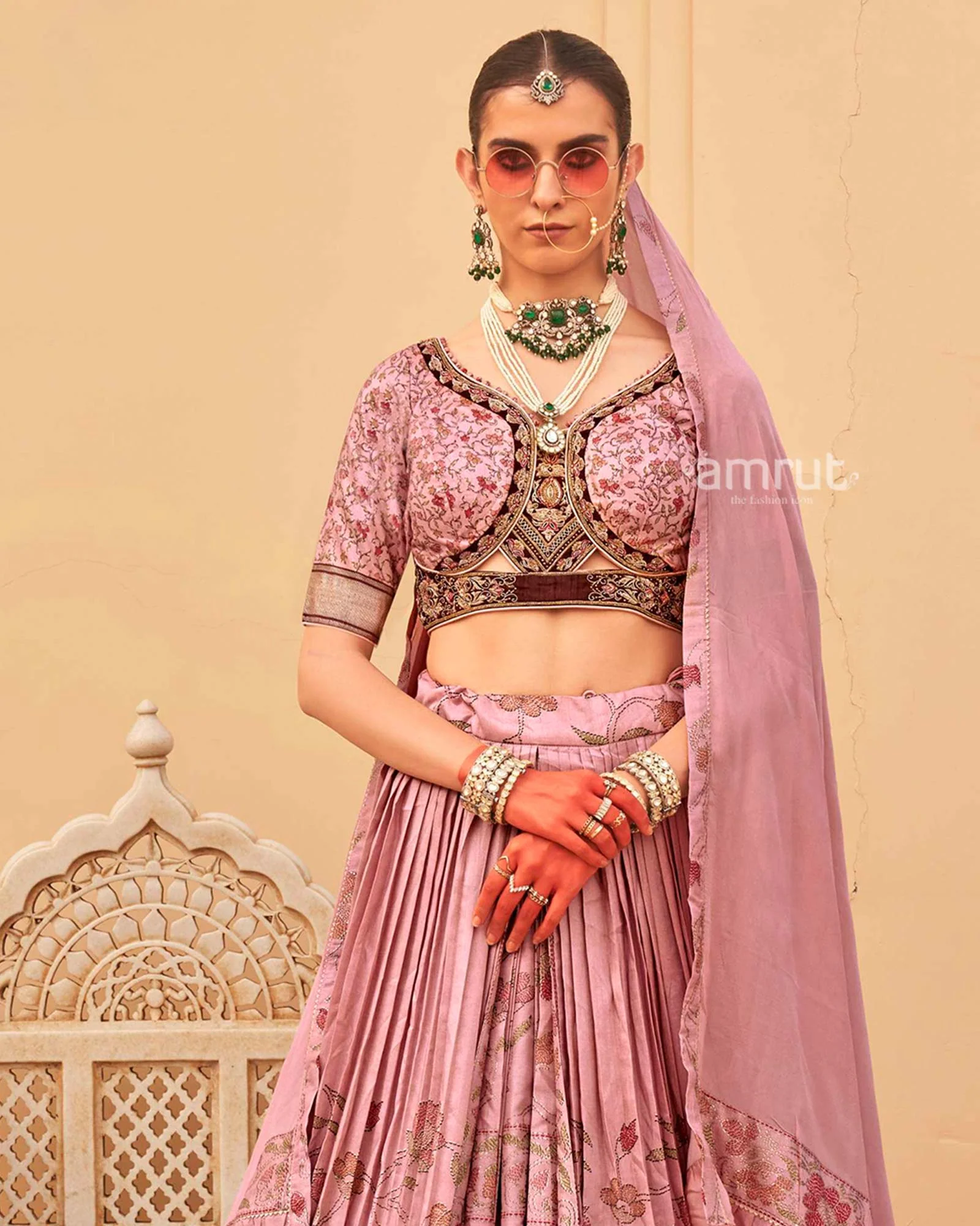 Peach Floral Printed Lehenga Set and Men Indowestern Kurta Set - Image 5