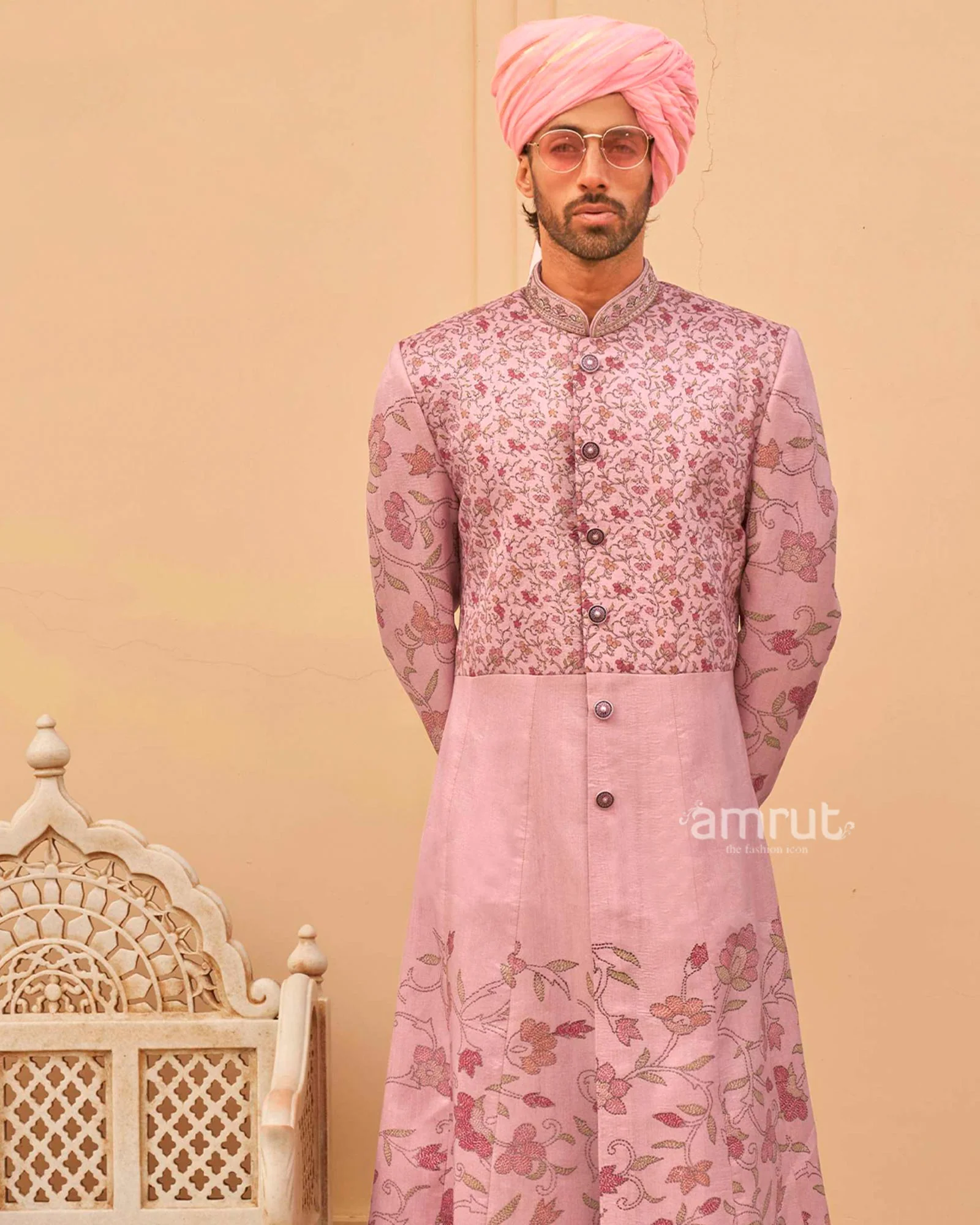 Peach Floral Printed Lehenga Set and Men Indowestern Kurta Set - Image 6