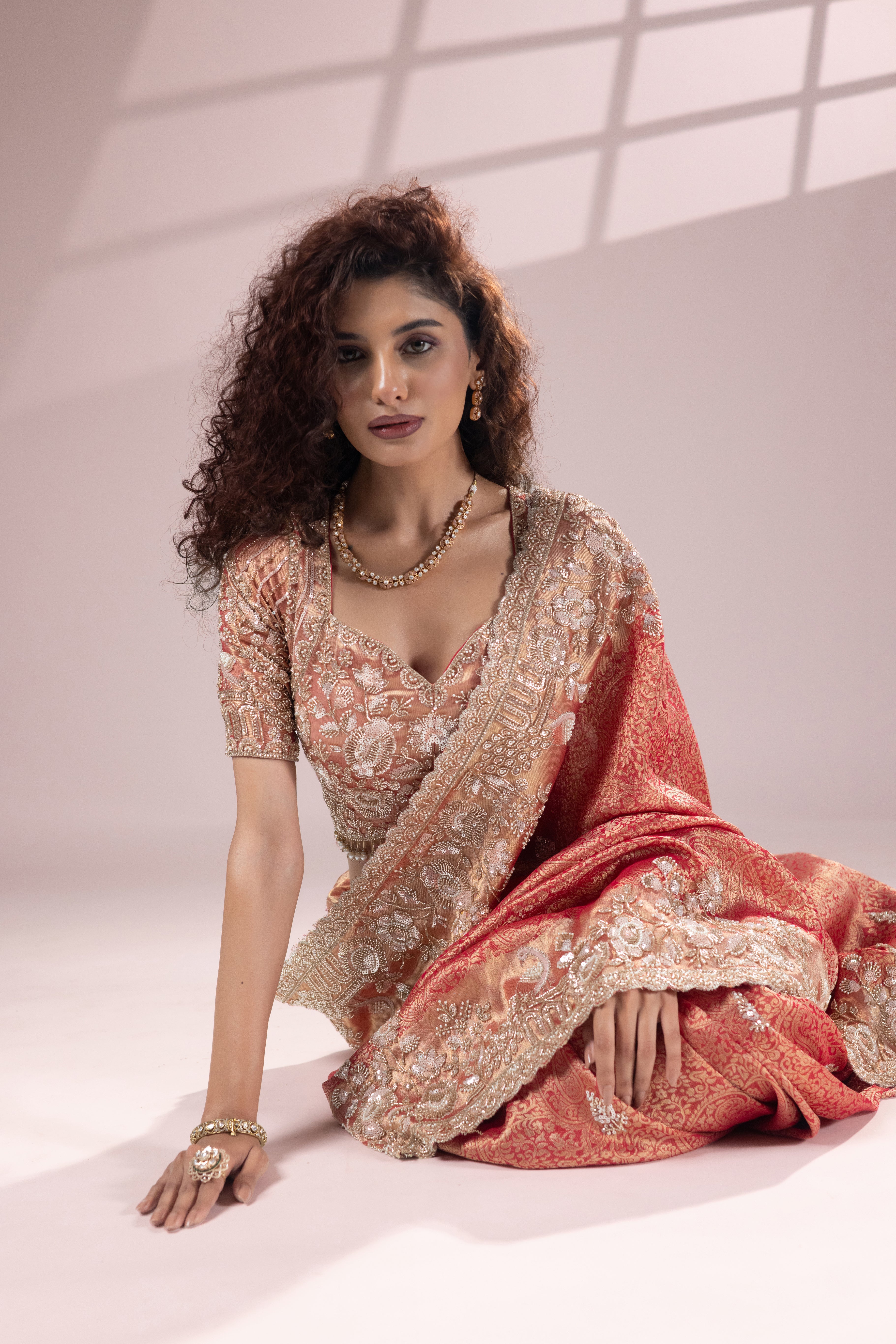 Peach Gold Designer Banarasi Saree with Rich Embroidery - Image 3