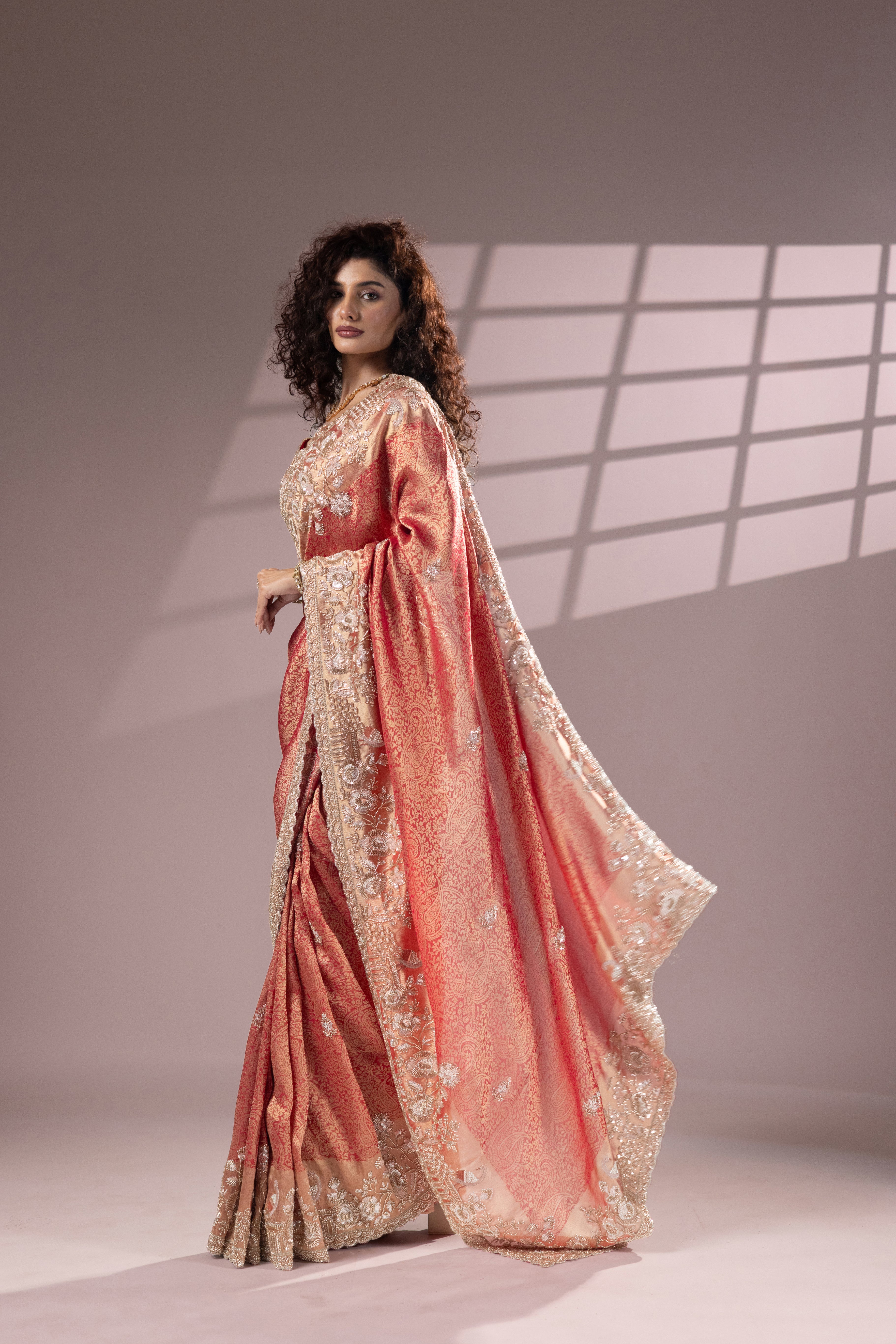 Peach Gold Designer Banarasi Saree with Rich Embroidery - Image 4