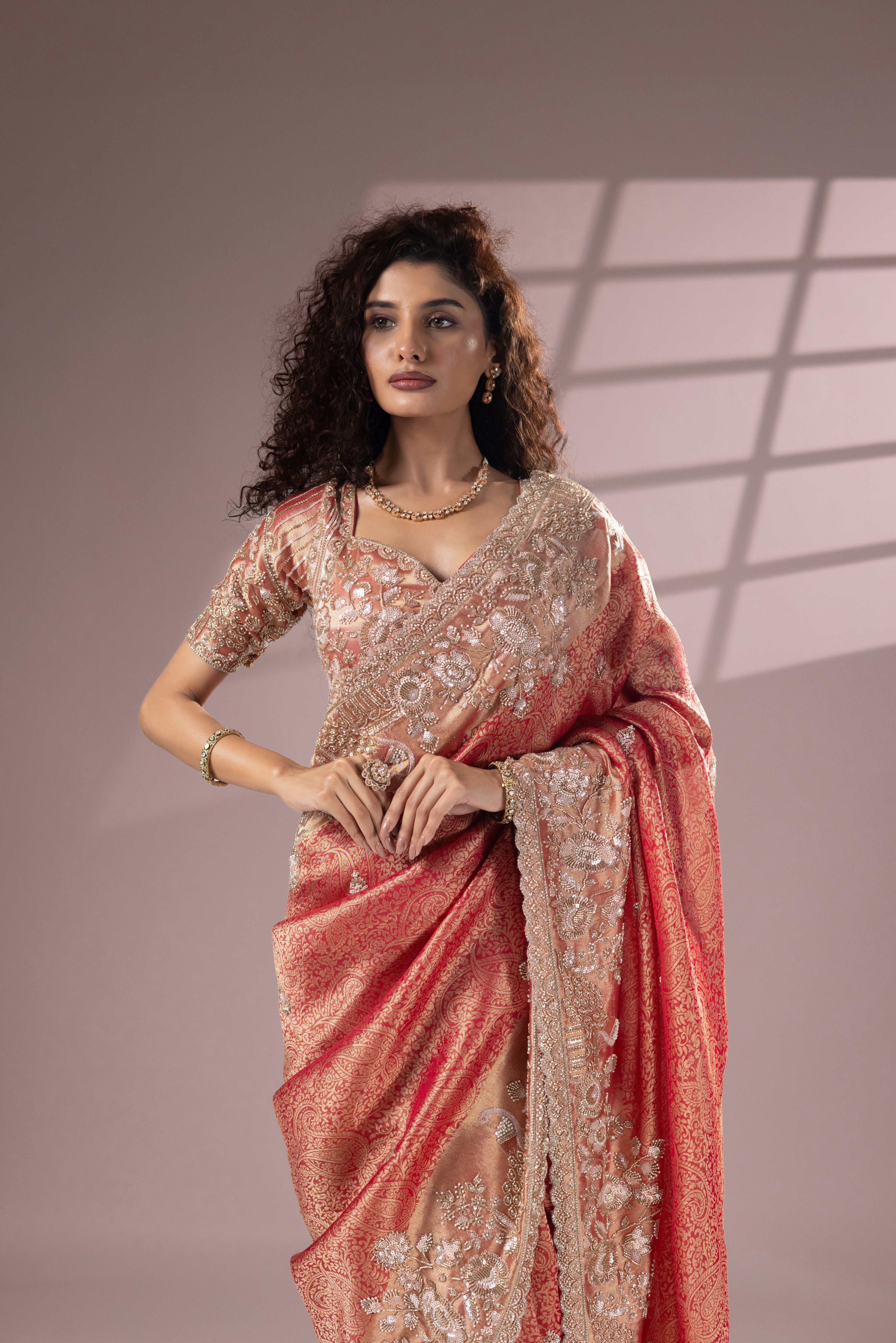 Peach Gold Designer Banarasi Saree with Rich Embroidery - Image 5