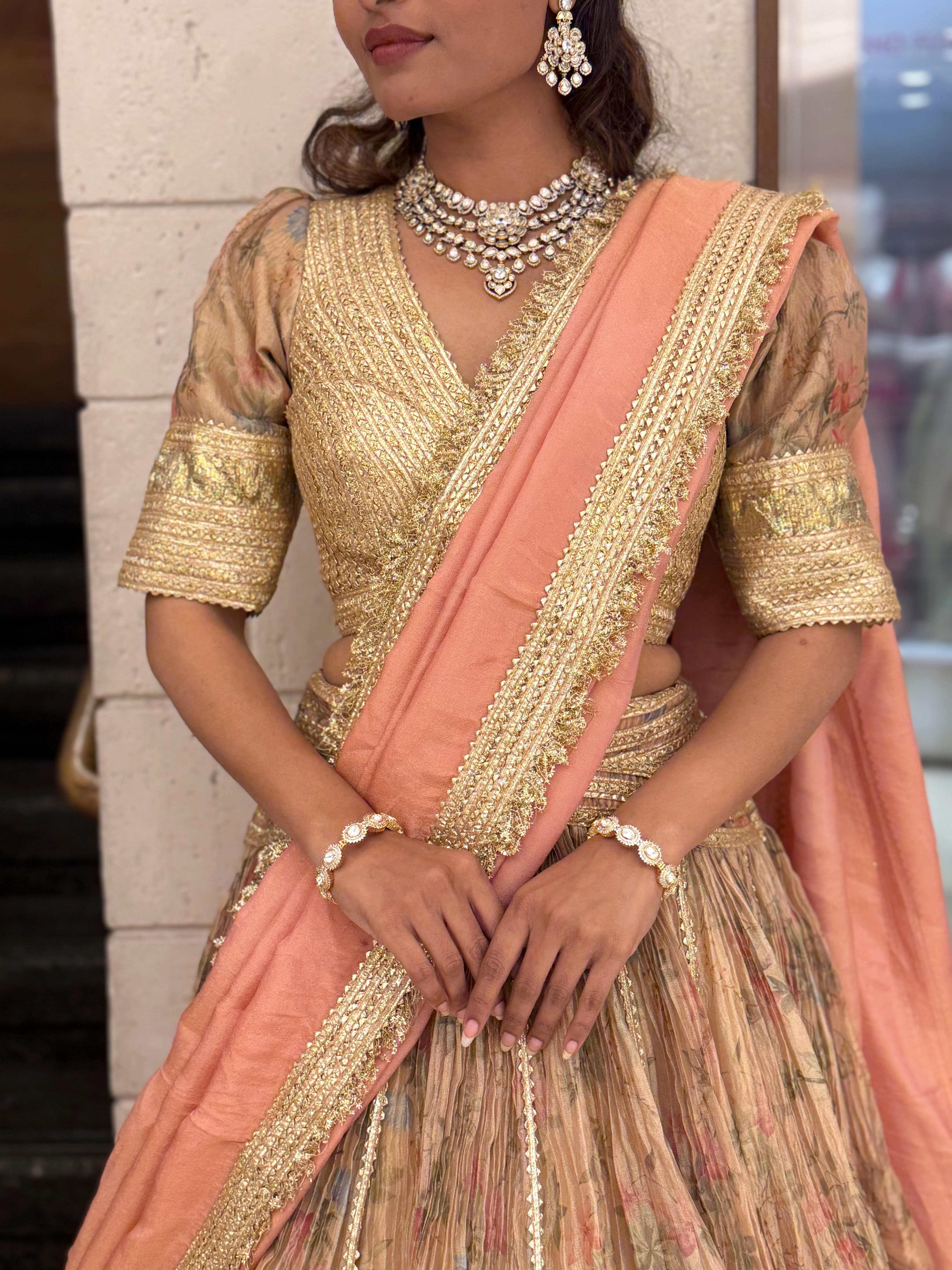 Peach & Gold Floral Printed Designer Lehenga Set with Dupatta - Image 2