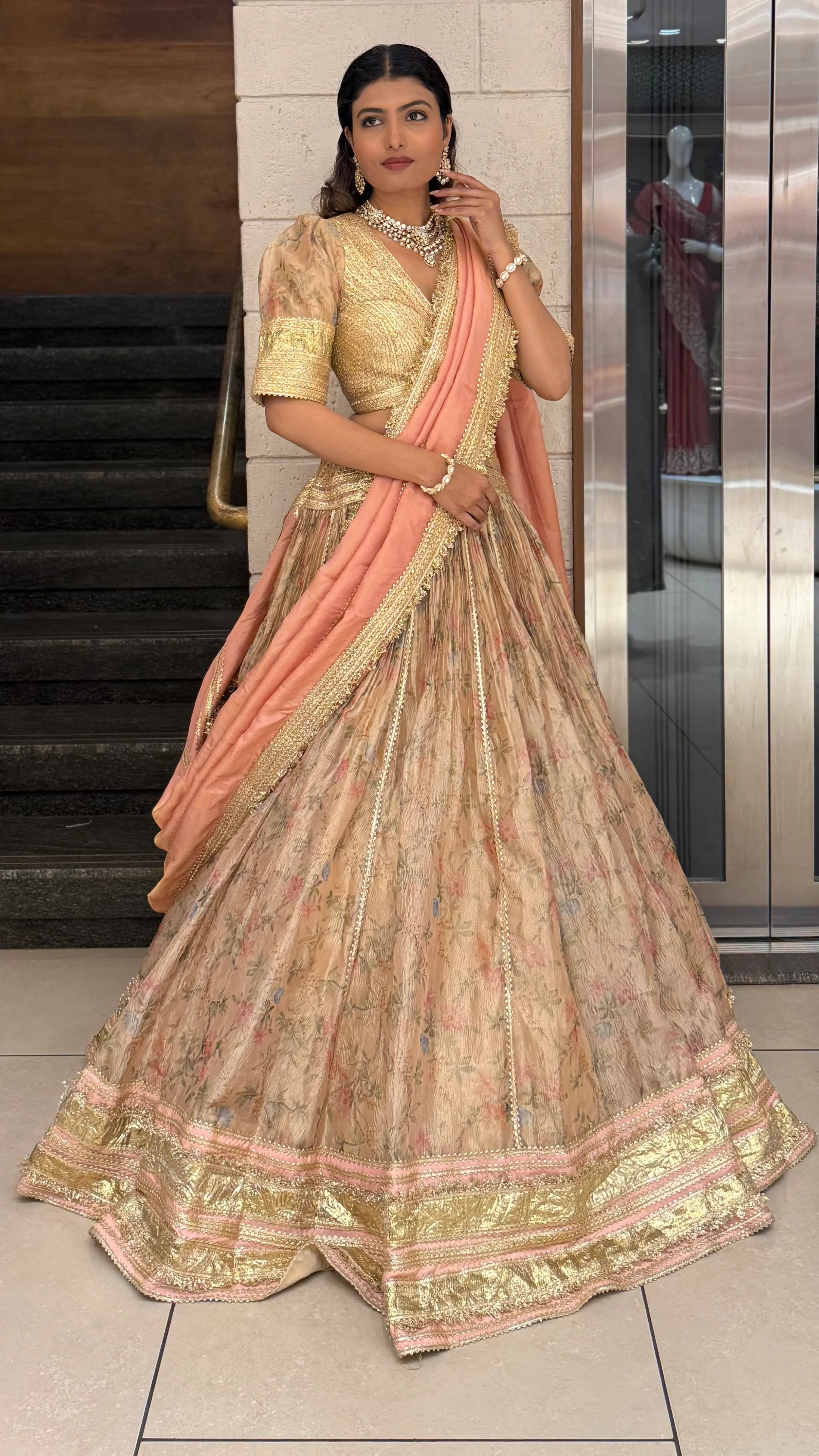 Peach & Gold Floral Printed Designer Lehenga Set with Dupatta - Image 3