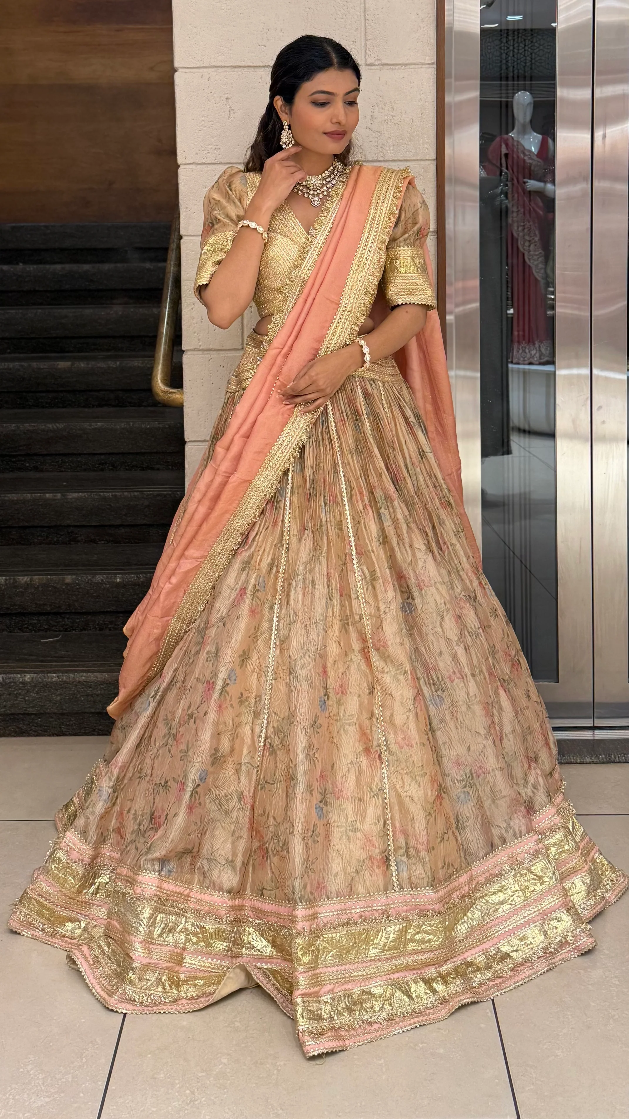 Peach & Gold Floral Printed Designer Lehenga Set with Dupatta - Image 4